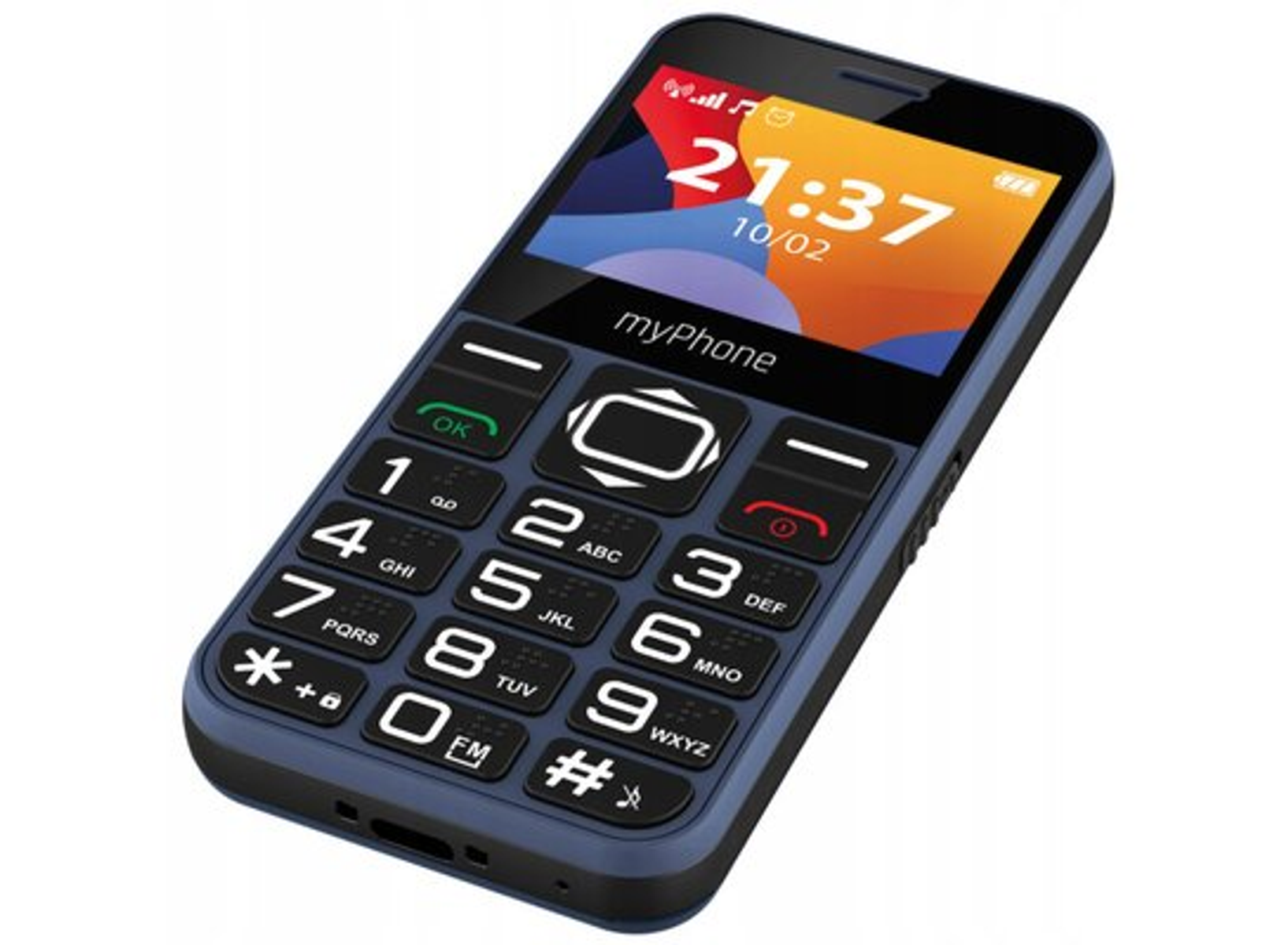 myPhone azul oscuro con botones grandes, pantalla mostrando hora y fecha, e icono de candado.