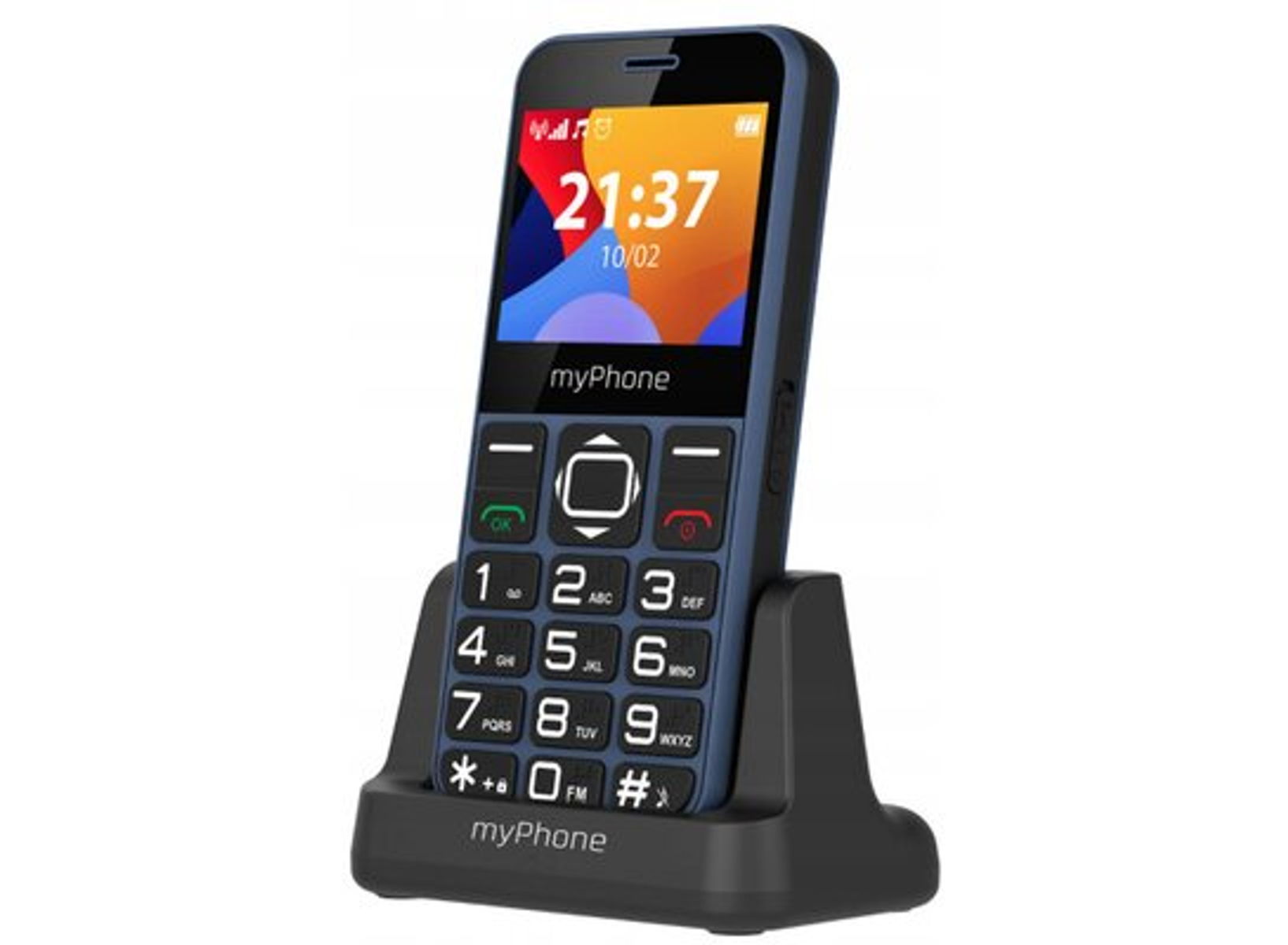 myPhone azul oscuro en base de carga negra, mostrando hora y fecha, con botones grandes.