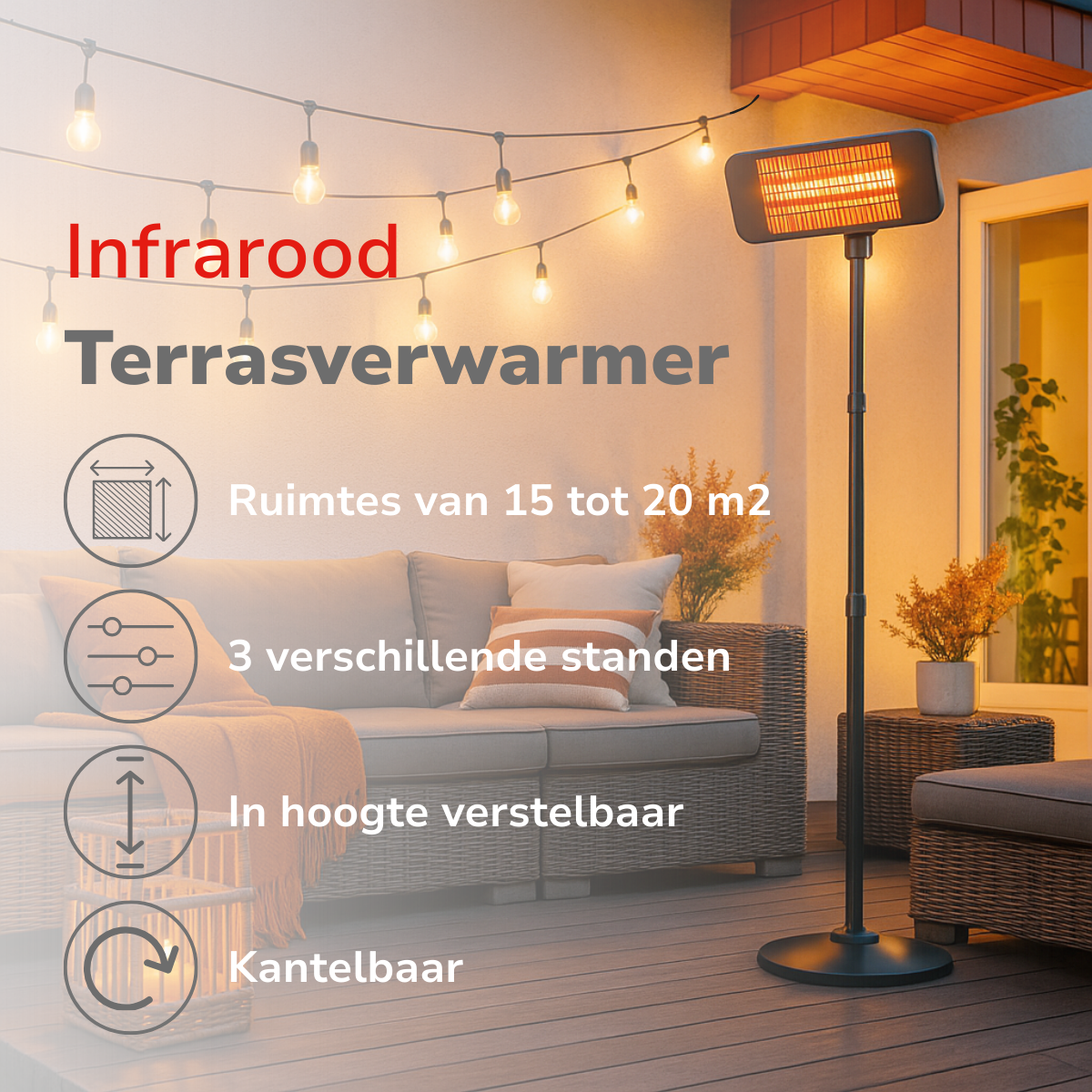 Radiateur de terrasse extérieur avec texte en néerlandais.