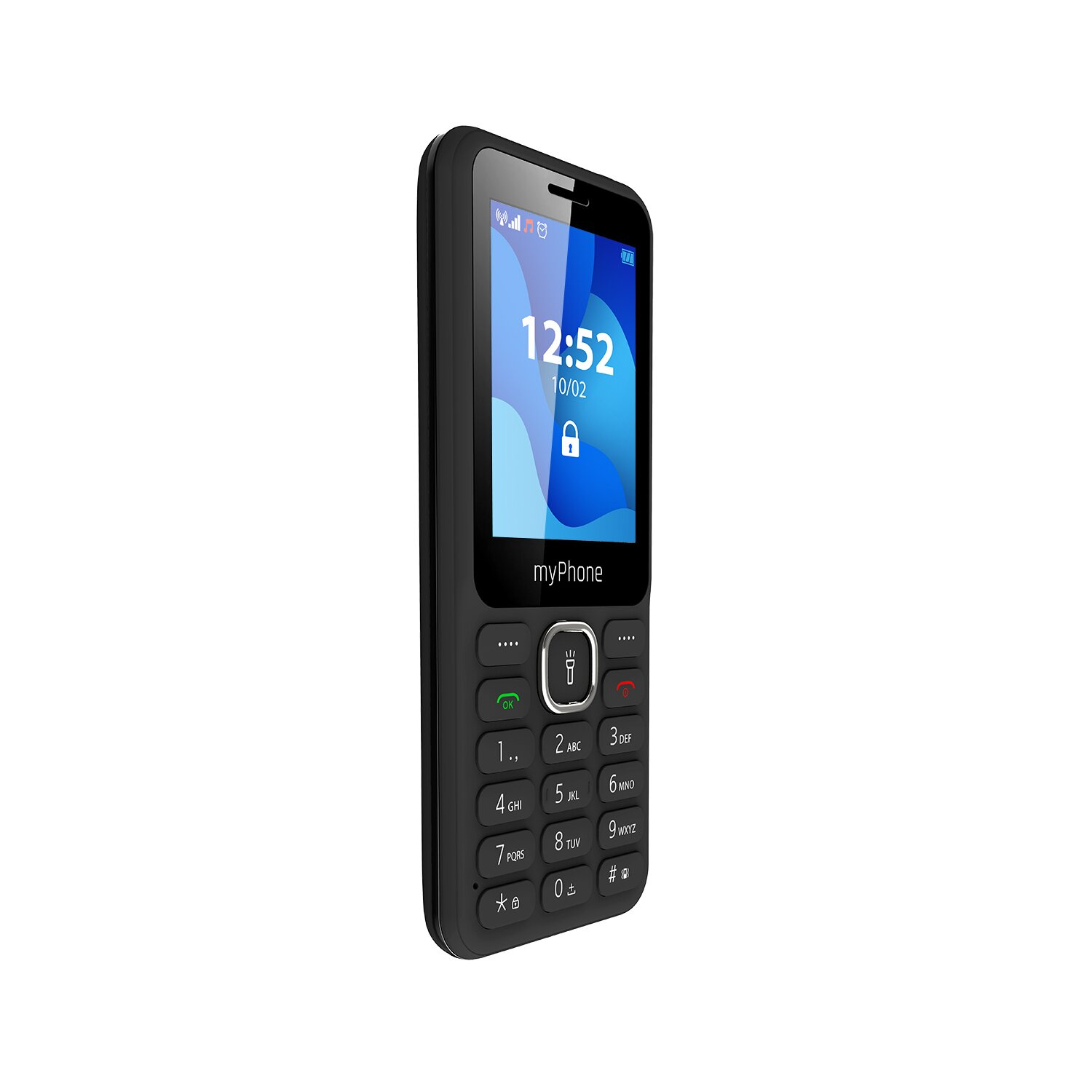Ein schwarzes myPhone mit einem Bildschirm, der die Uhrzeit und ein Schloss-Symbol anzeigt.