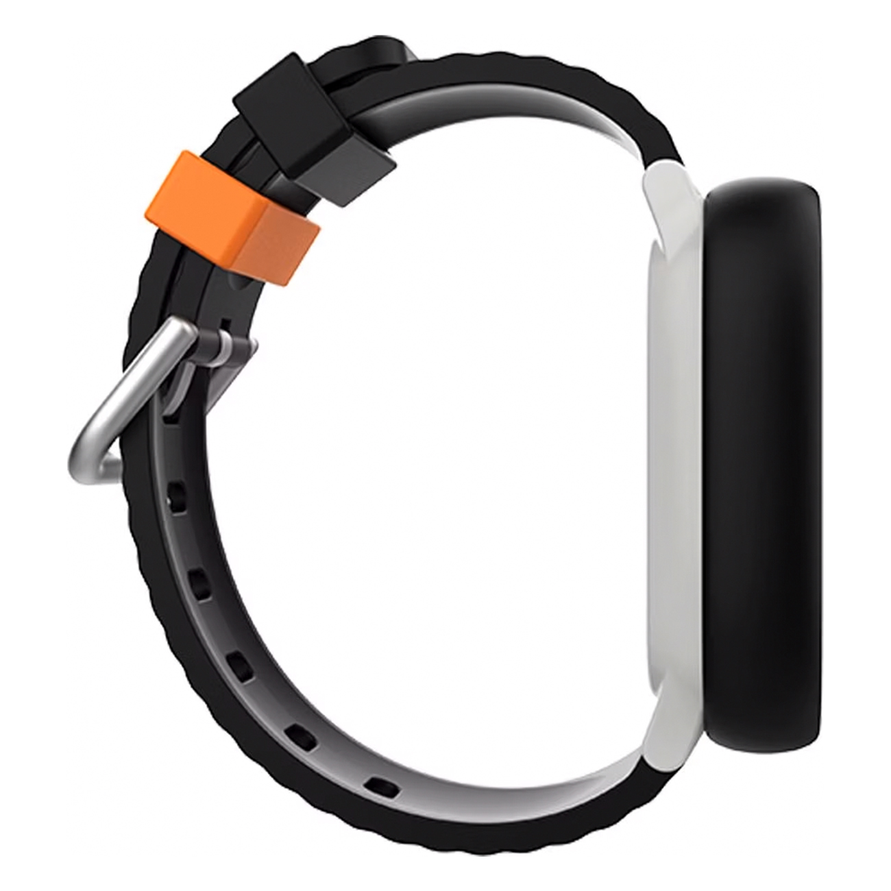 Schwarz-weiße Smartwatch mit orangefarbener Schließe. Vor weißem Hintergrund.