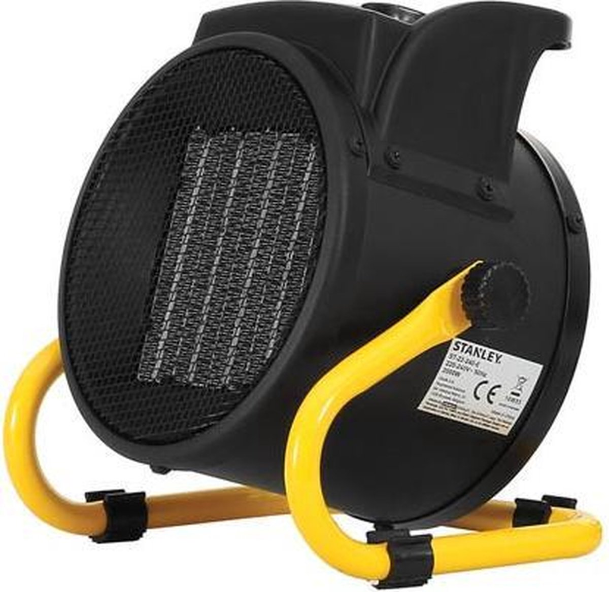 Riscaldatore elettrico nero e giallo, con griglia metallica e maniglia gialla.