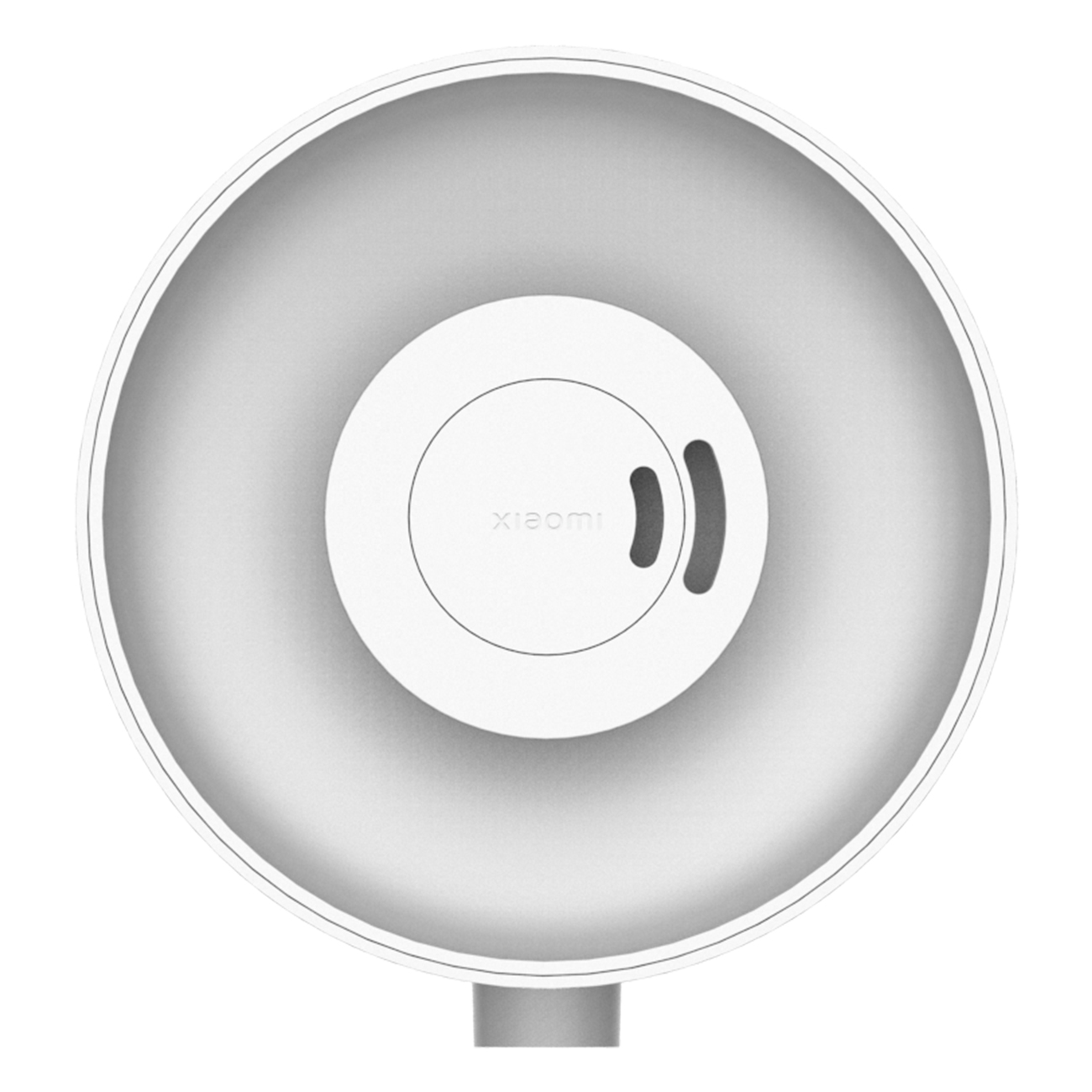 Biały wentylator z centralnym panelem sterowania, czarnymi elementami i srebrną podstawą.