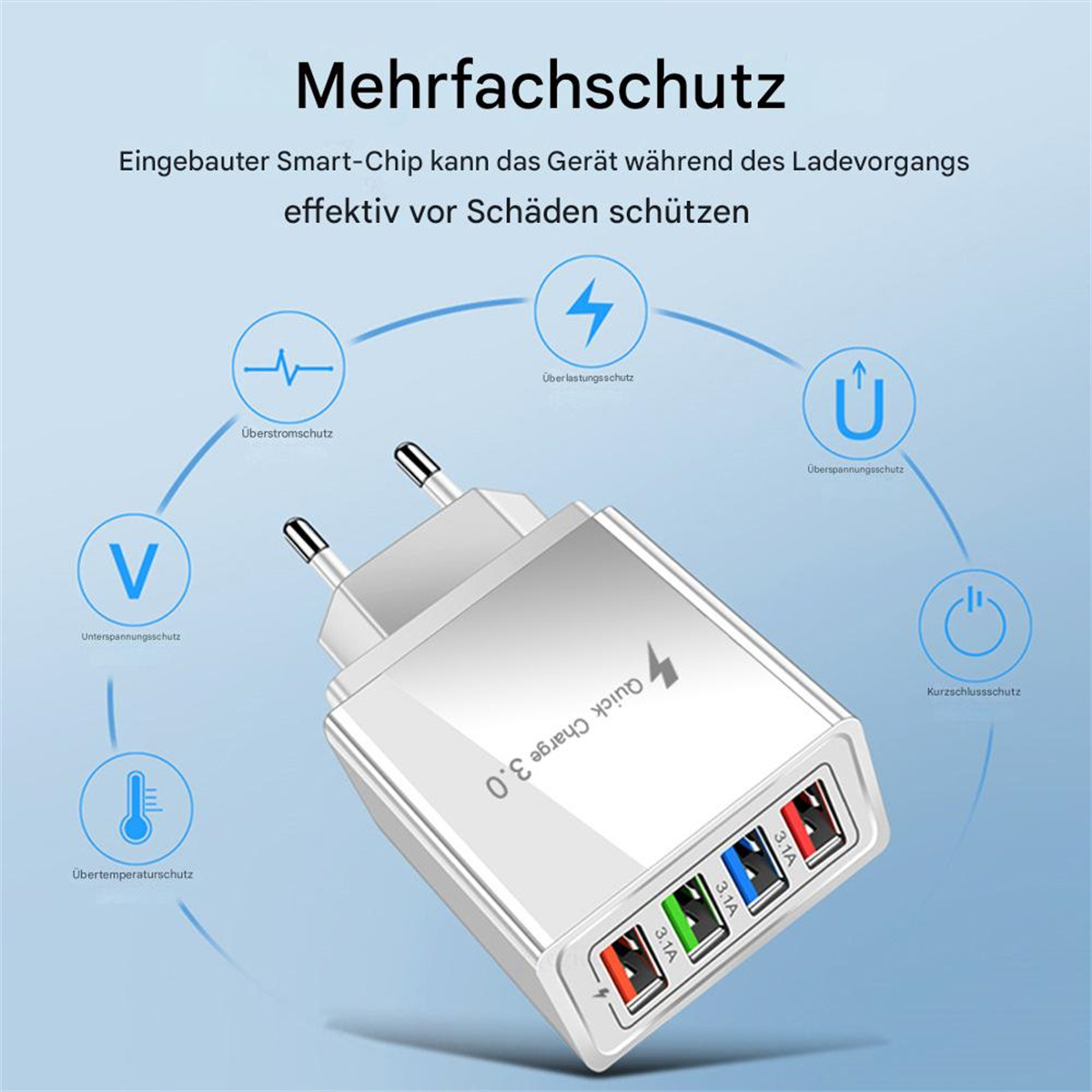 Weißes Ladegerät mit mehreren USB-Anschlüssen, beschriftet mit Schutzsymbolen und Quick Charge 3.0.