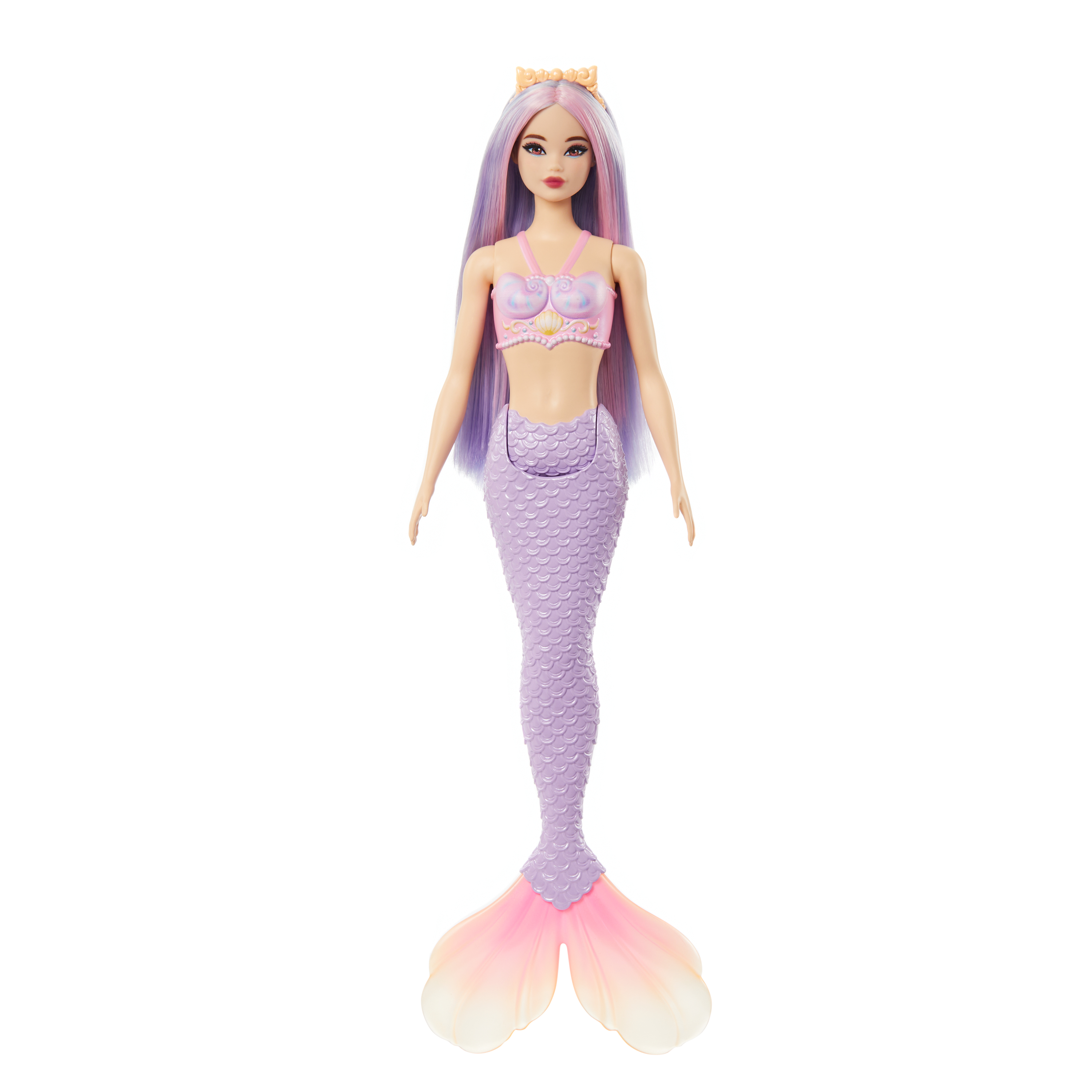 Muñeca Barbie sirena, vestida con atuendo lavanda y rosa con cola larga morada.
