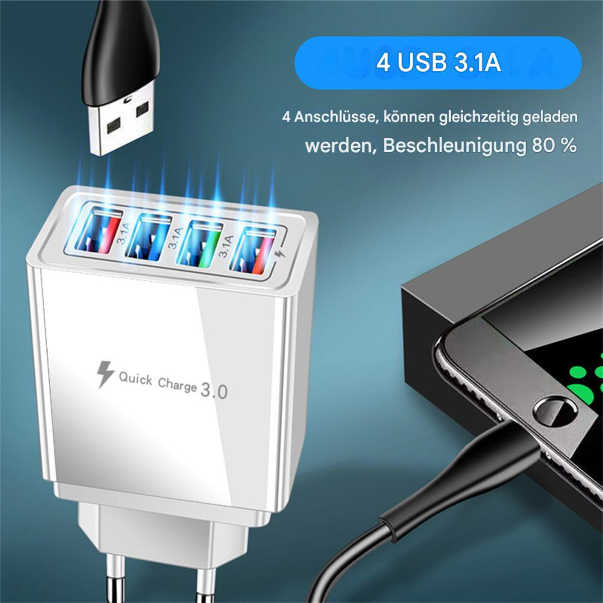 Weißes Ladegerät mit mehreren USB-Anschlüssen, lädt ein Gerät, Quick Charge 3.0.