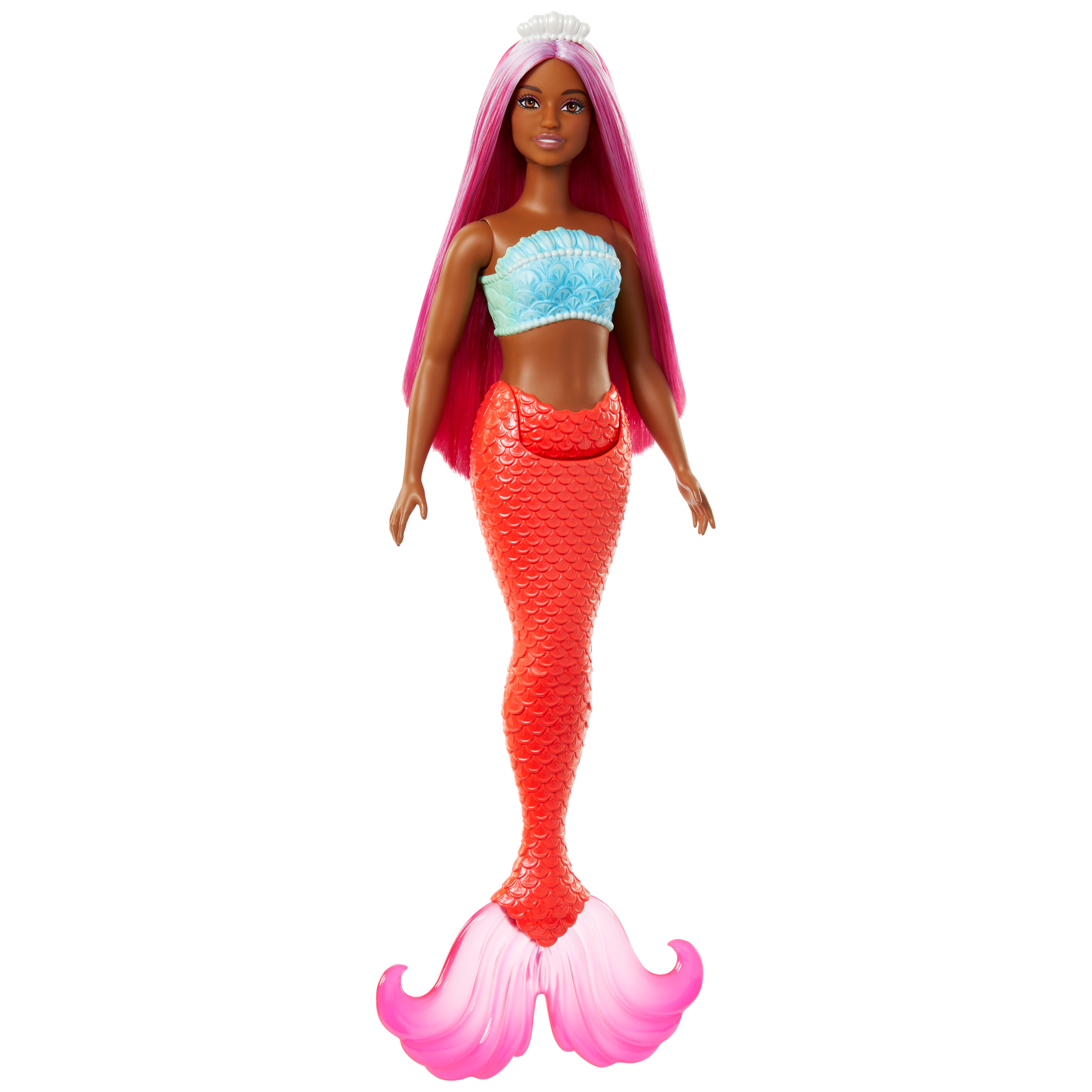Una muñeca Barbie sirena con pelo rosa y cola roja.