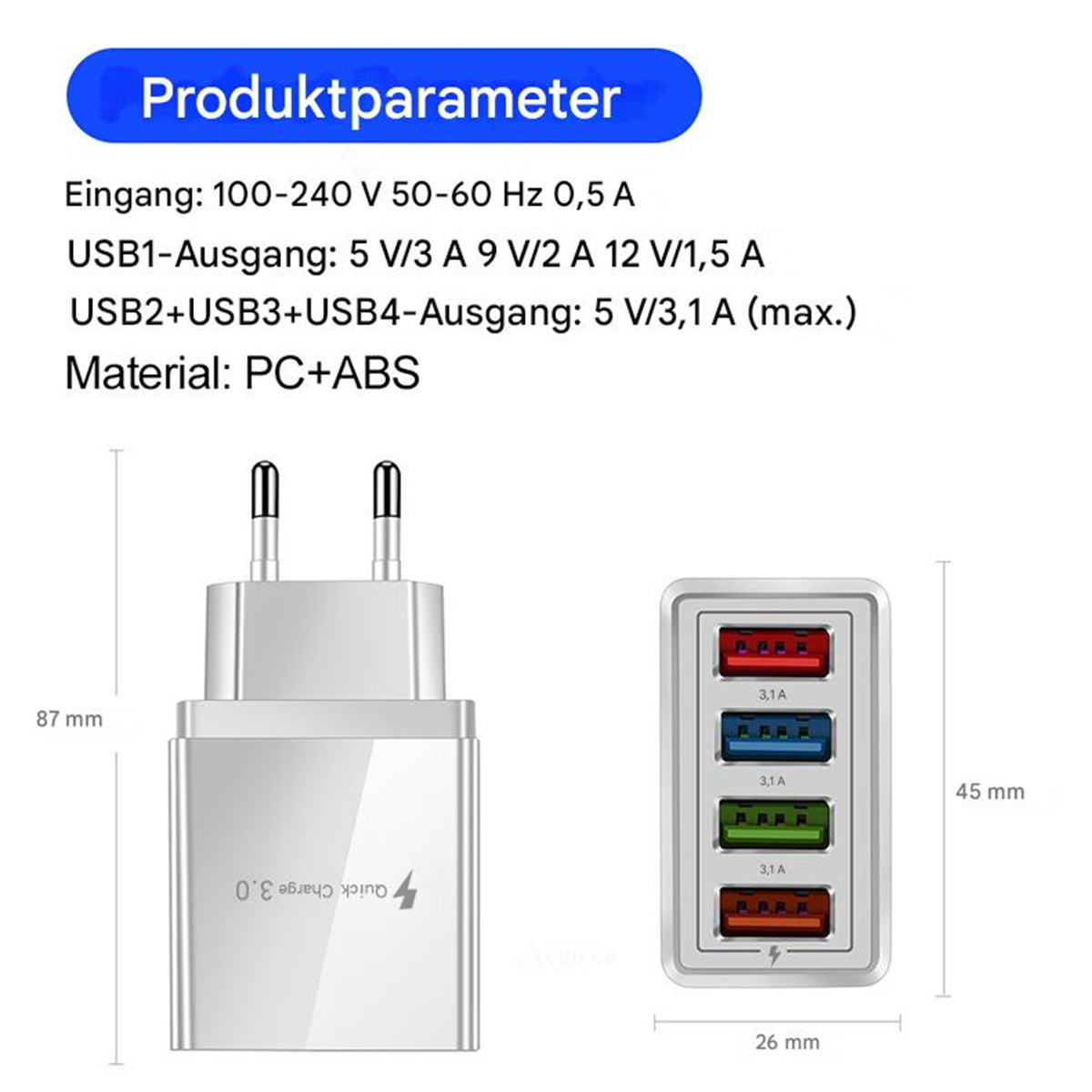 Abbildung eines USB-Ladegeräts mit Produktparametern und Abmessungen des Ladegeräts.