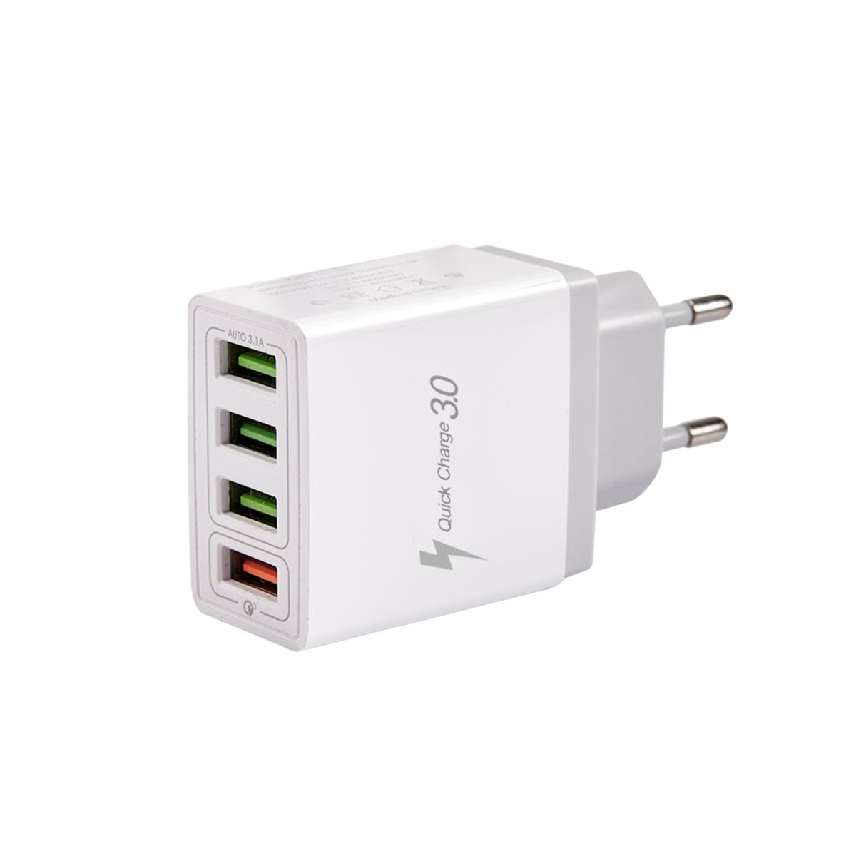 Weiß-graues Multiport-Ladegerät mit drei Anschlüssen, beschriftet mit 'Quick Charge 3.0'.
