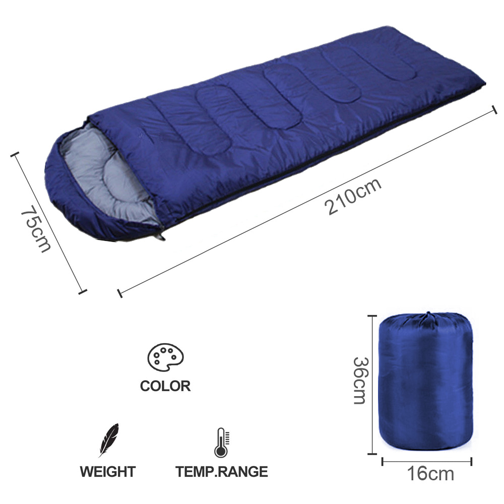 Ein blauer Schlafsack, gerollt und ausgelegt, mit angegebenen Abmessungen.