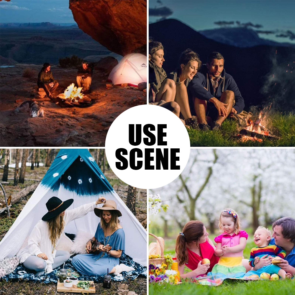 Eine Collage, die verschiedene Szenen zeigt: Camping, Lagerfeuer, Picknick und Tauziehen.