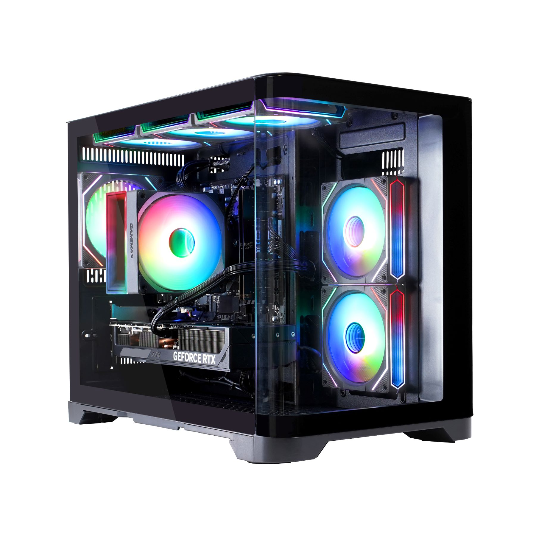 Ein schwarzes Computergehäuse mit bunten LED-Lichtern und mehreren Lüftern.