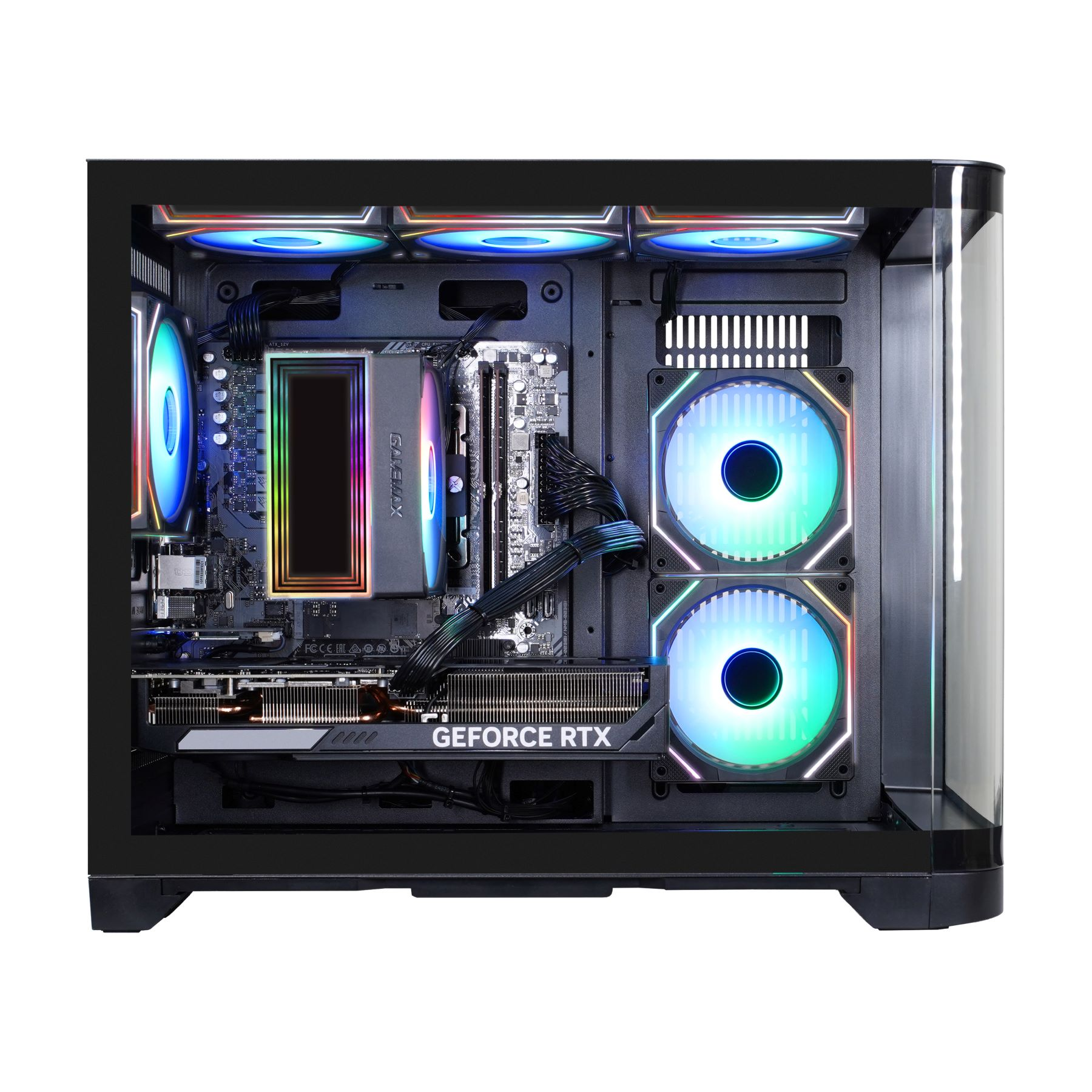 Ein Computergehäuse mit RGB-Lüftern, einer GeForce RTX Grafikkarte und internen Komponenten.