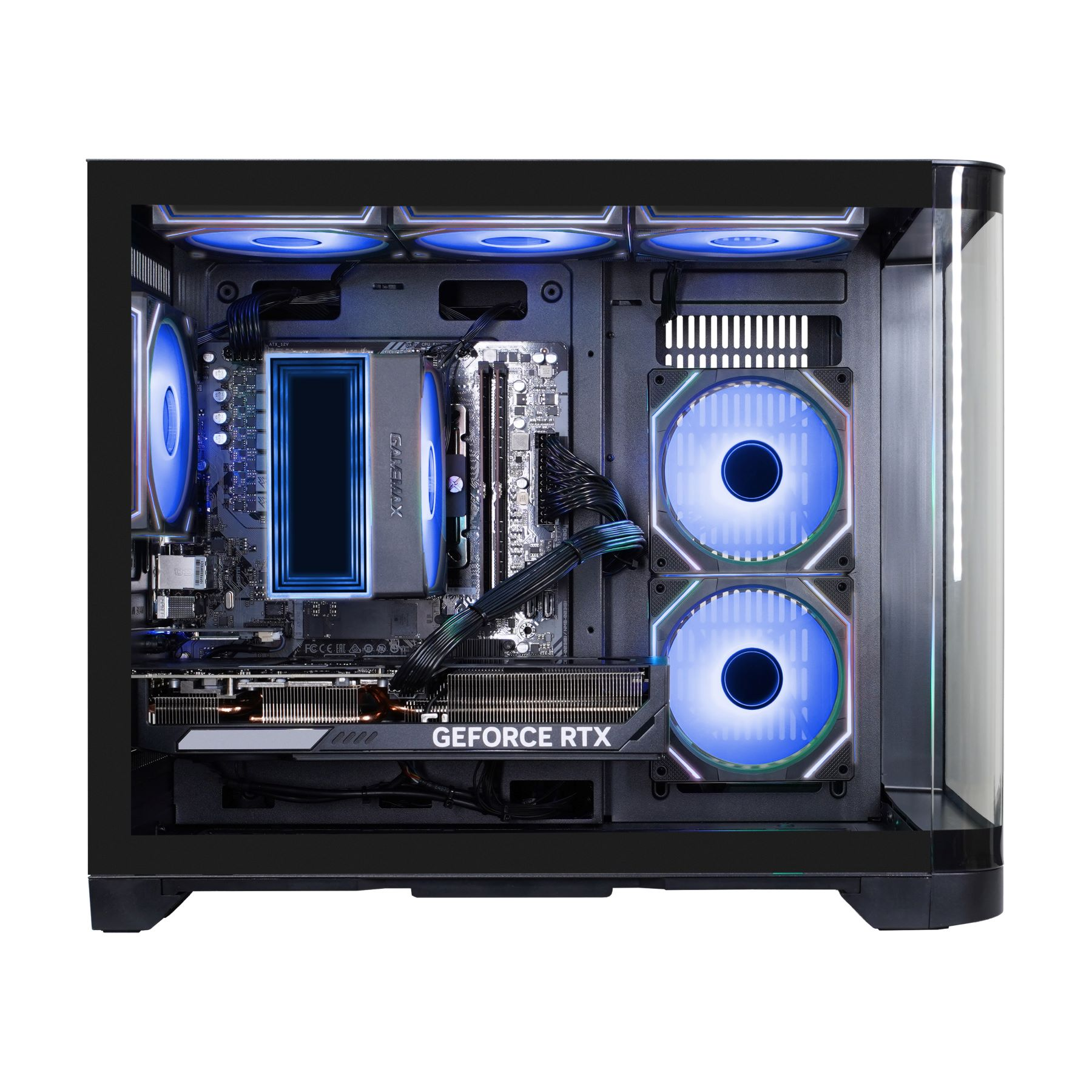 Ein schwarzes Computergehäuse mit blauen LED-Lichtern und mehreren Lüftern, Innenansicht.