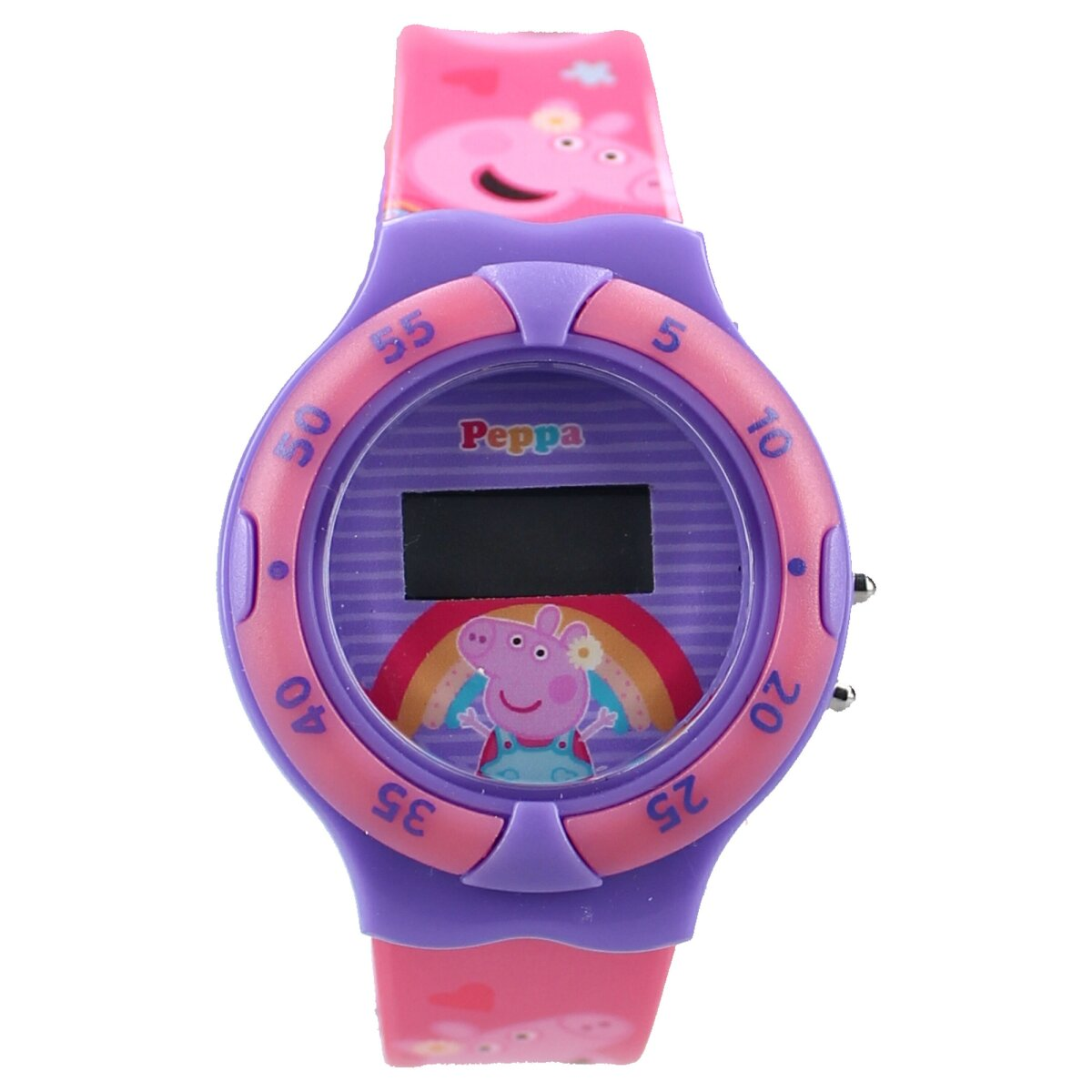 Een close-up van een Peppa Pig digitale horloge met een regenboogontwerp.