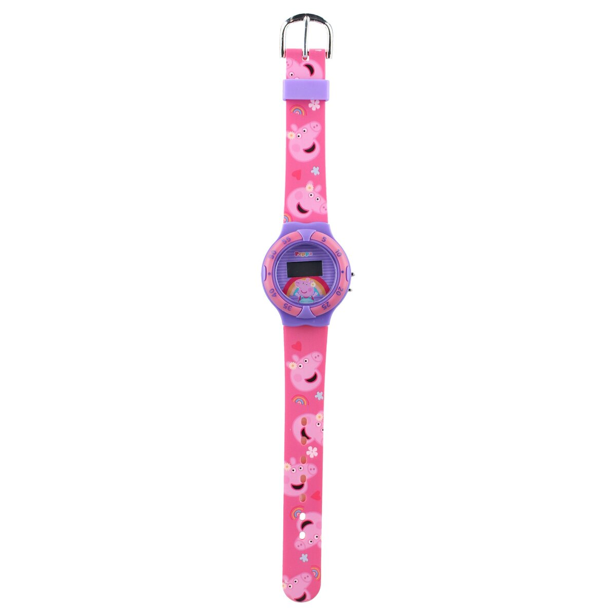 Roze Peppa Pig horloge met roze band en paarse accenten. Regenboog en varken graphics.
