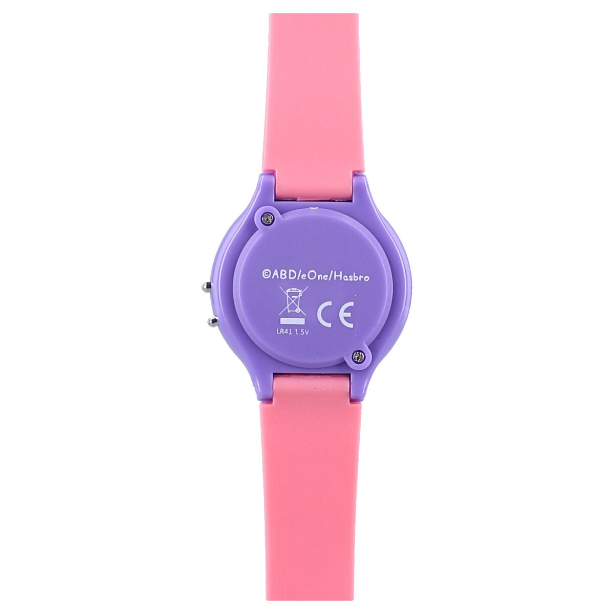 Achterkant van een roze horloge met een paarse behuizing. Merk en andere informatie zijn afgedrukt.