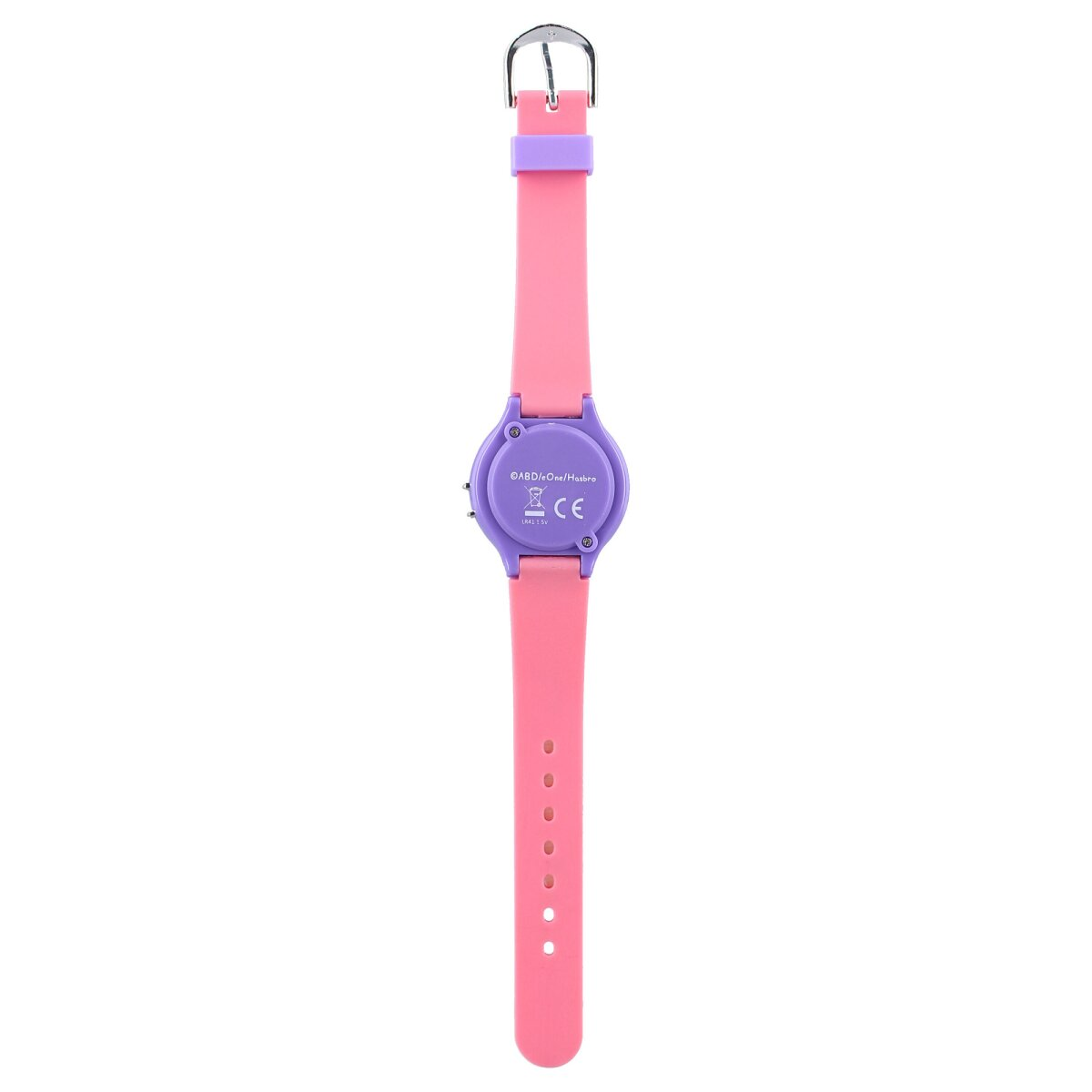 Achterkant van een roze horloge met een paarse behuizing. Merk en andere informatie zijn afgedrukt.