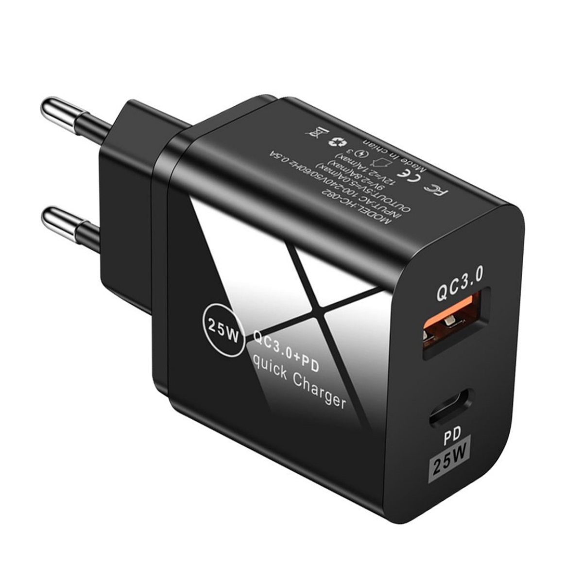 Ein schwarzes 25W QC3.0+PD Schnellladegerät mit USB-C-Anschluss.