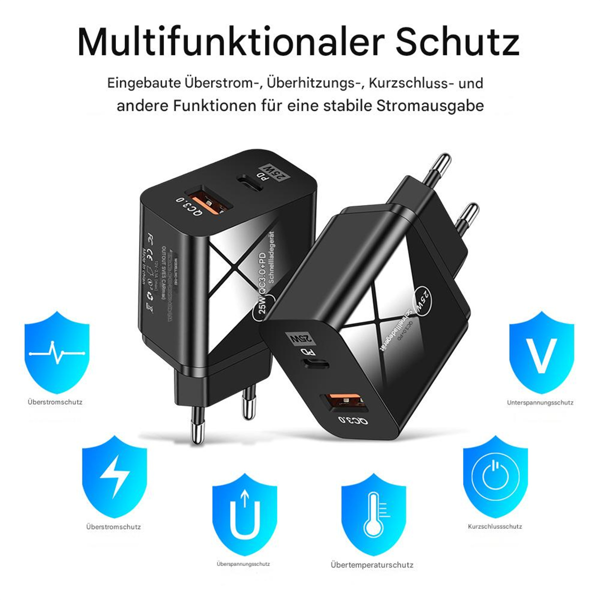 Zwei schwarze Netzadapter mit mehreren Schutzsymbolen. Text auf Deutsch: 'Multifunktionaler Schutz'.