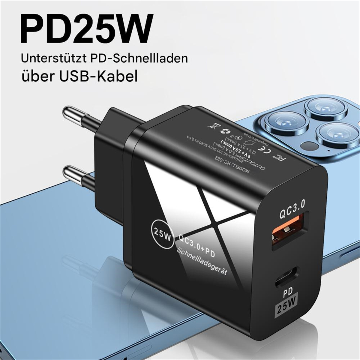 Schwarzes USB-Ladegerät mit Text: PD25W. Telefon wird seitlich geladen.