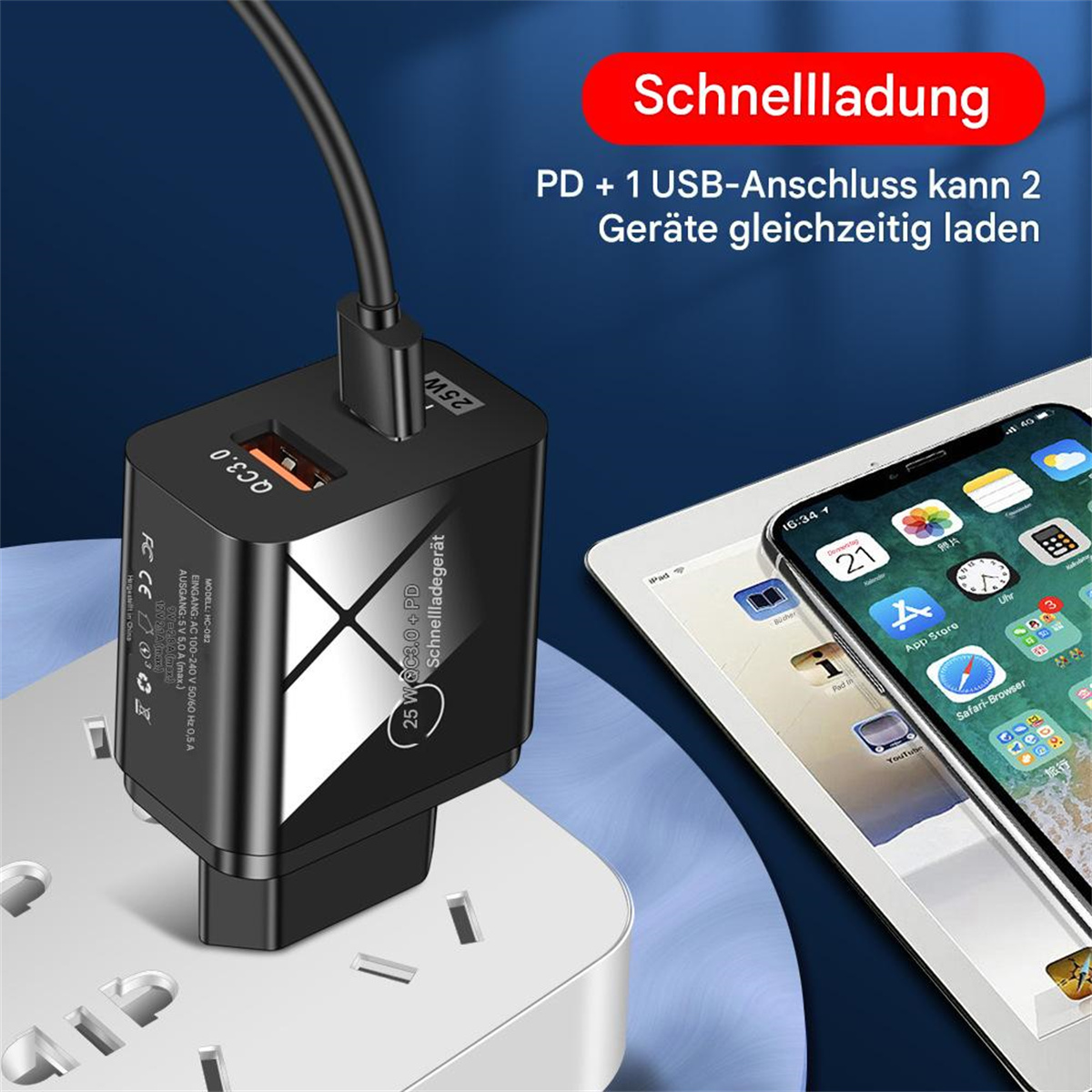 Ein schwarzes Ladegerät in einer Steckdose, mit Telefon und Tablet rechts.