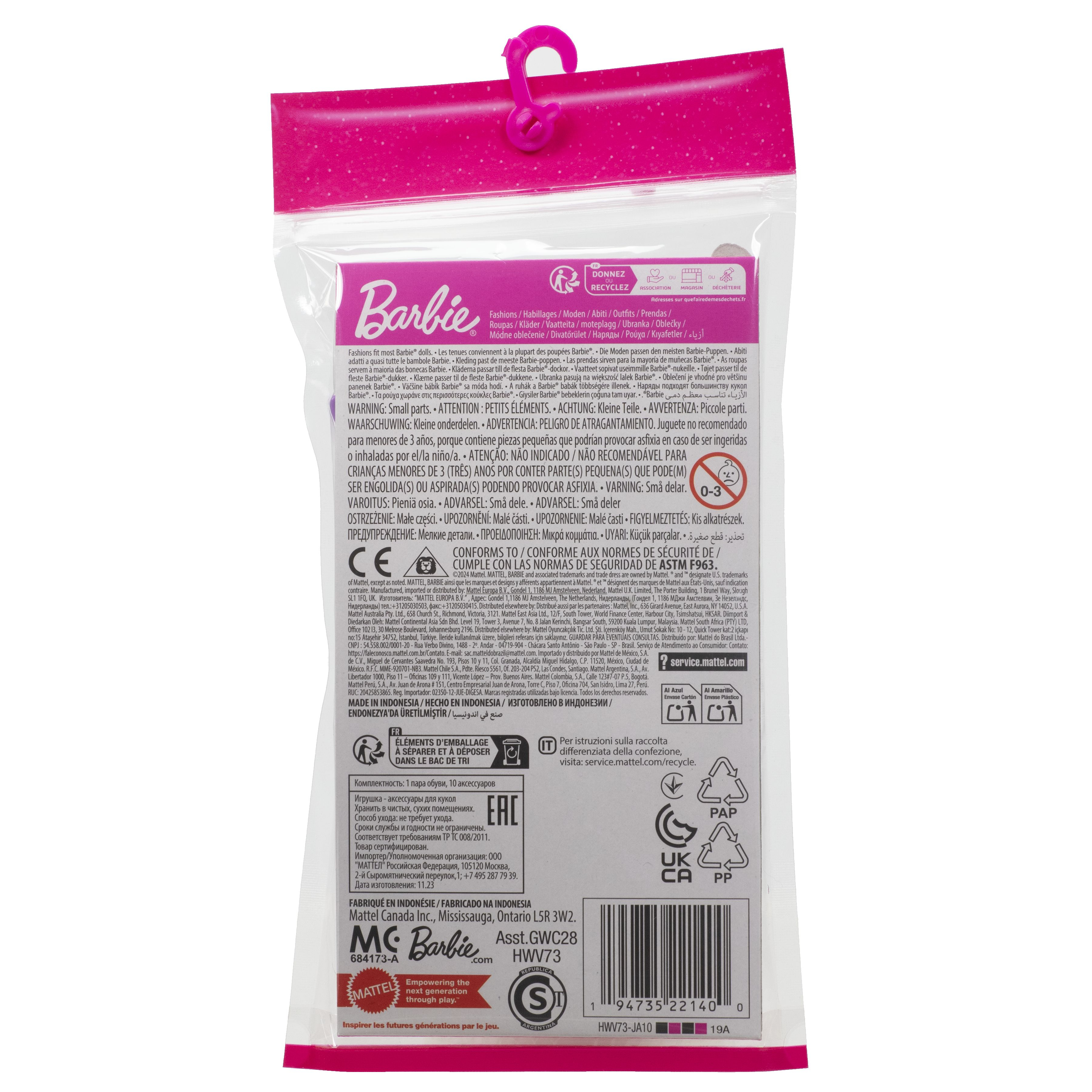 Barbie-Puppenverpackung. Klarsichtkunststoff mit Text und Bildern. Rosa Barbie-Logo.