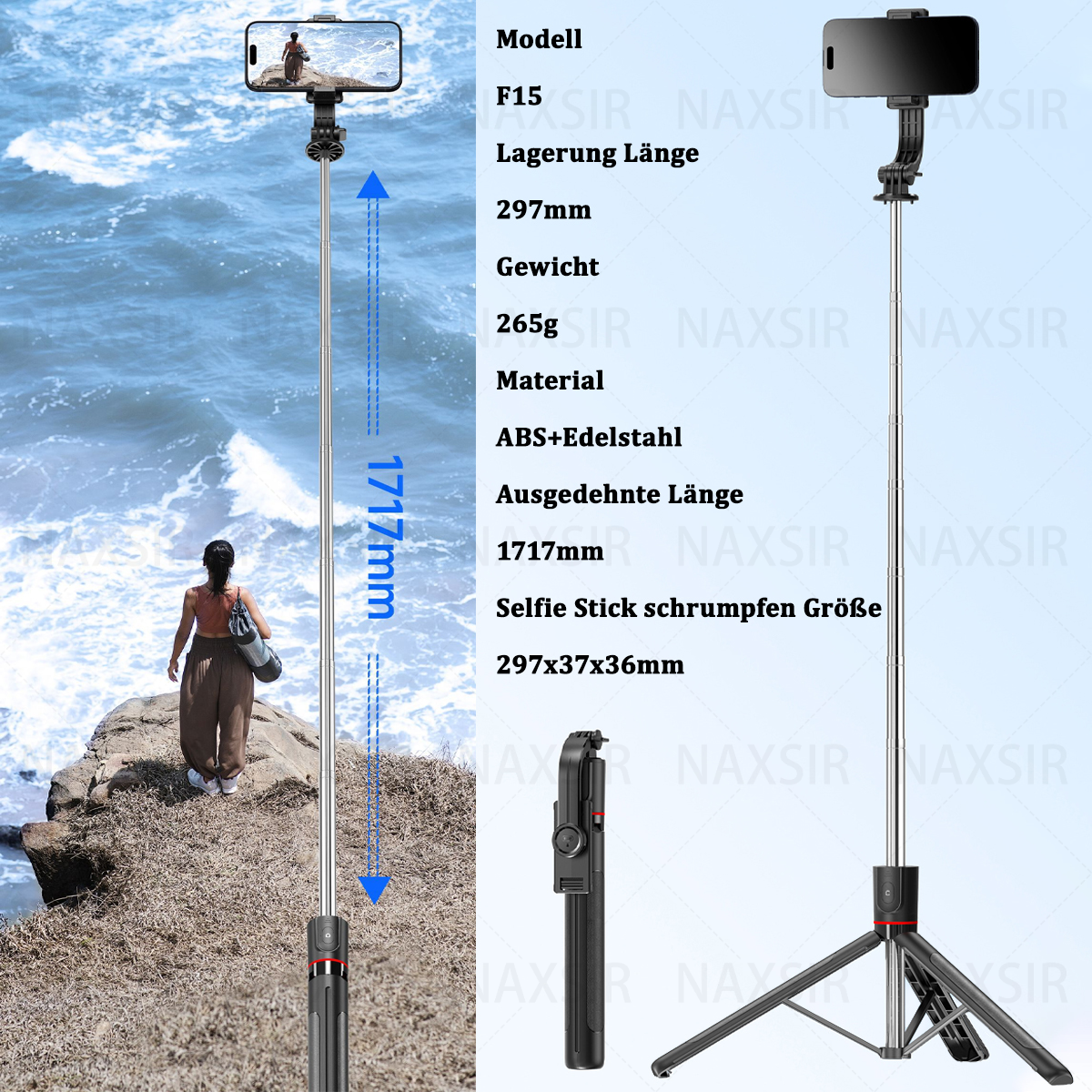 Selfie-Stick mit Telefon. Frau und Stick-Abmessungen sind gezeigt. Verschiedene Stick-Ansichten werden ebenfalls gezeigt.