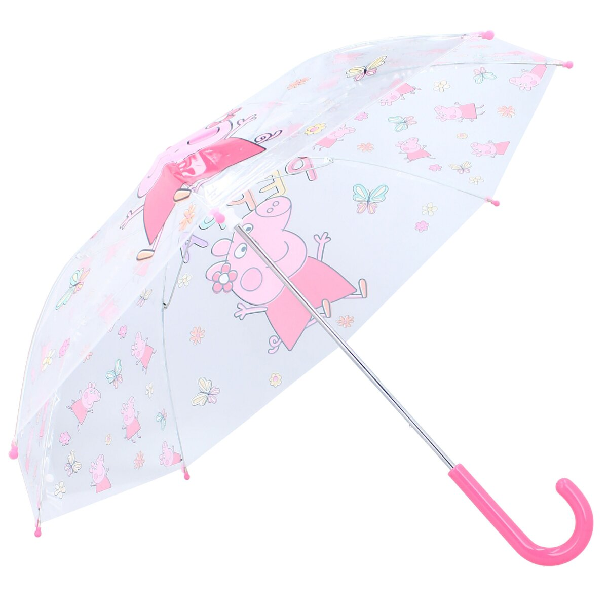 Ein offener Peppa Wutz Regenschirm mit Peppa Wutz Illustrationen und einem rosa Griff.