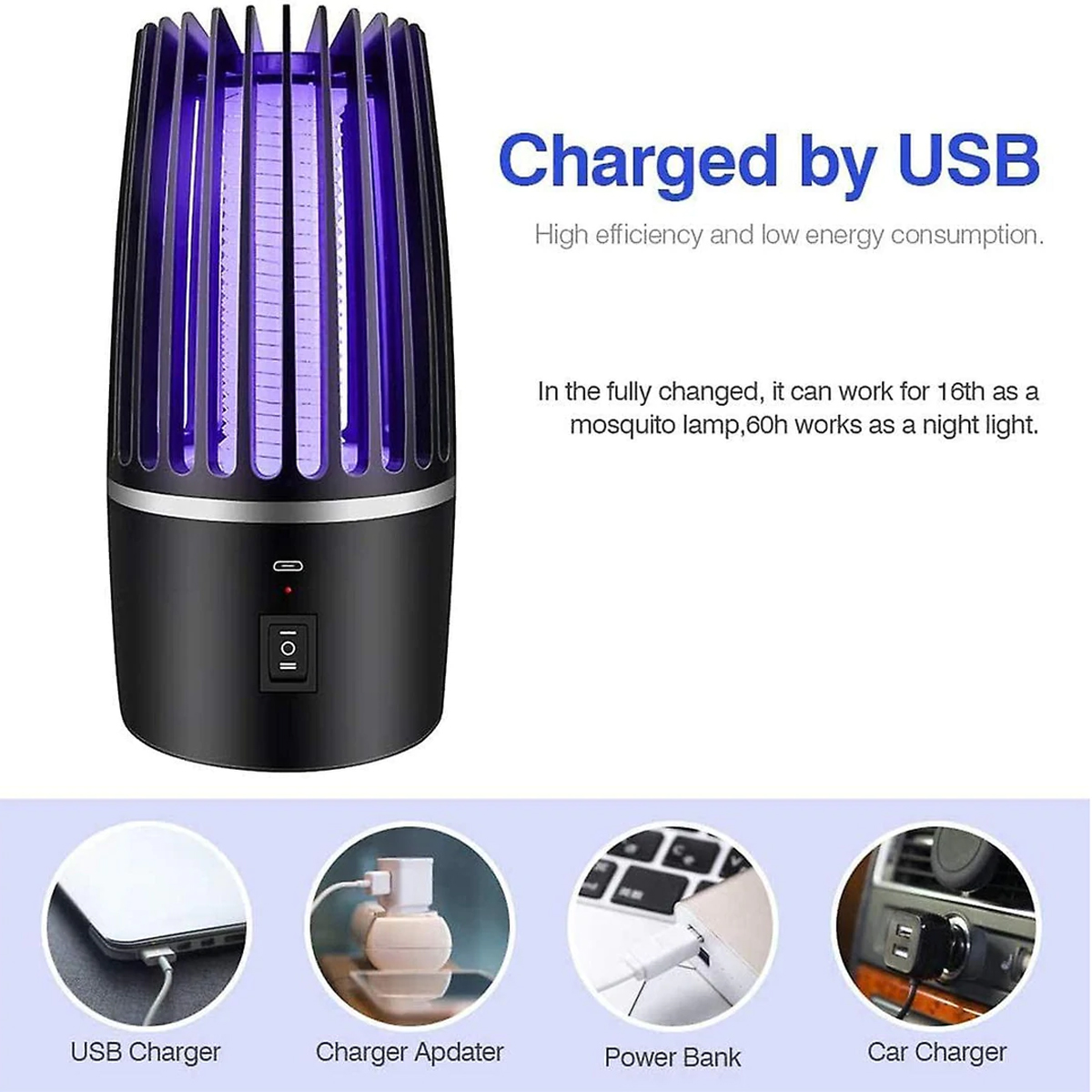Ein schwarzer Insektenvernichter mit blauem Licht, umgeben von Text und Illustrationen. USB-Ladeoptionen werden gezeigt.