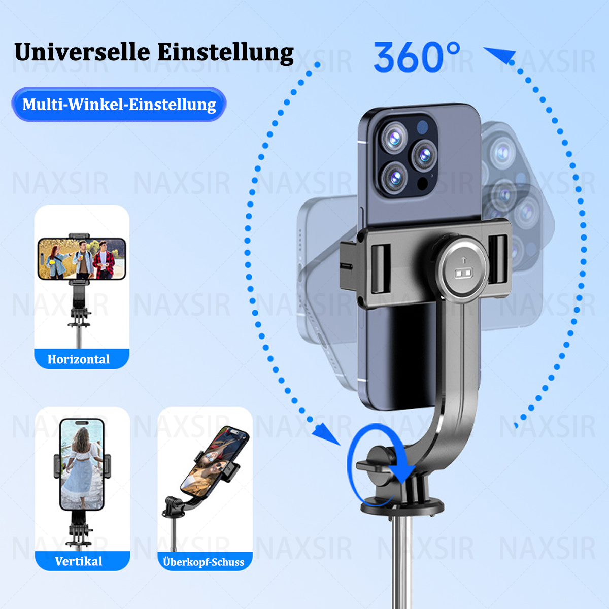 Selfie-Stick mit dem Telefon. Das Telefon kann in verschiedenen Positionen platziert werden.