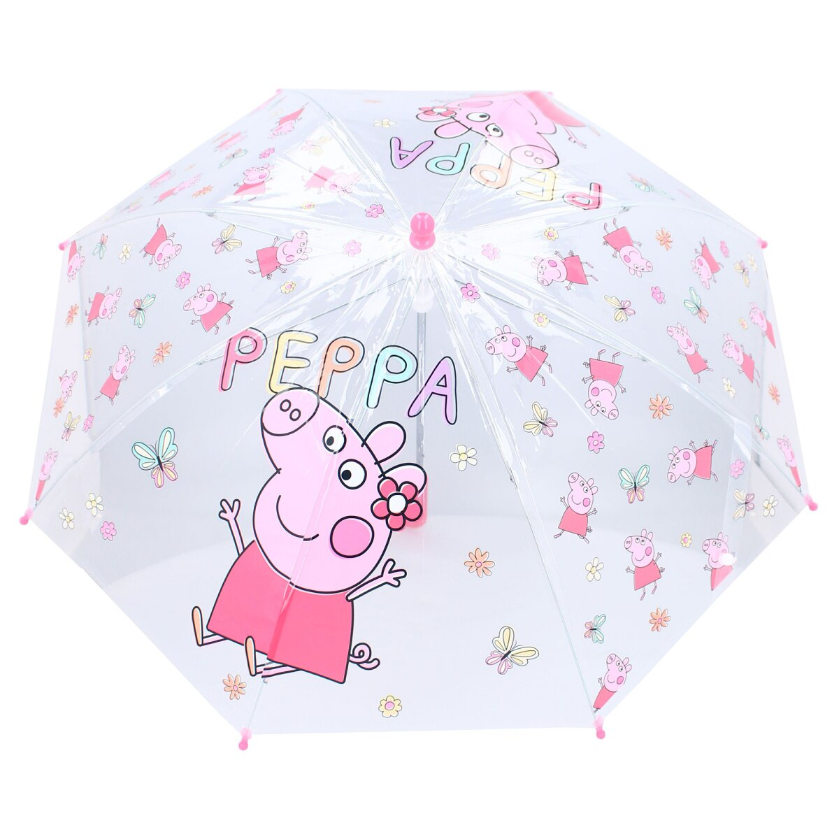 Ein offener Peppa Wutz Regenschirm mit Peppa-Illustrationen und dem Wort „Peppa“. Der Hintergrund ist weiß.