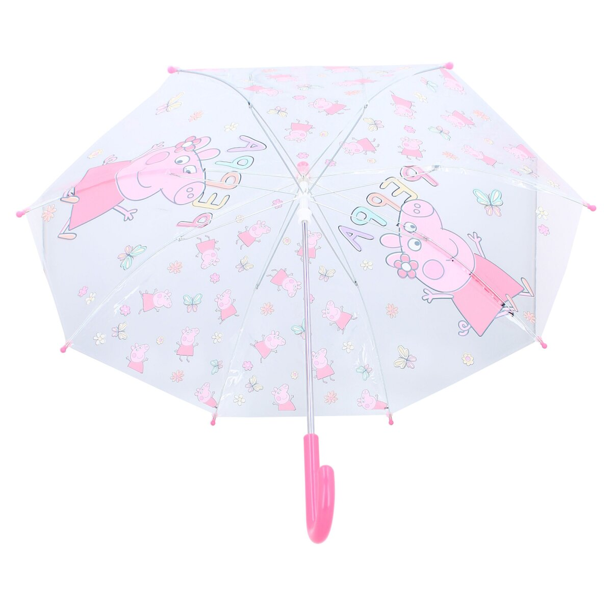 Peppa Wutz Regenschirm. Transparent mit Peppa Wutz Bildern und Mustern. Rosa Griff und Ränder.