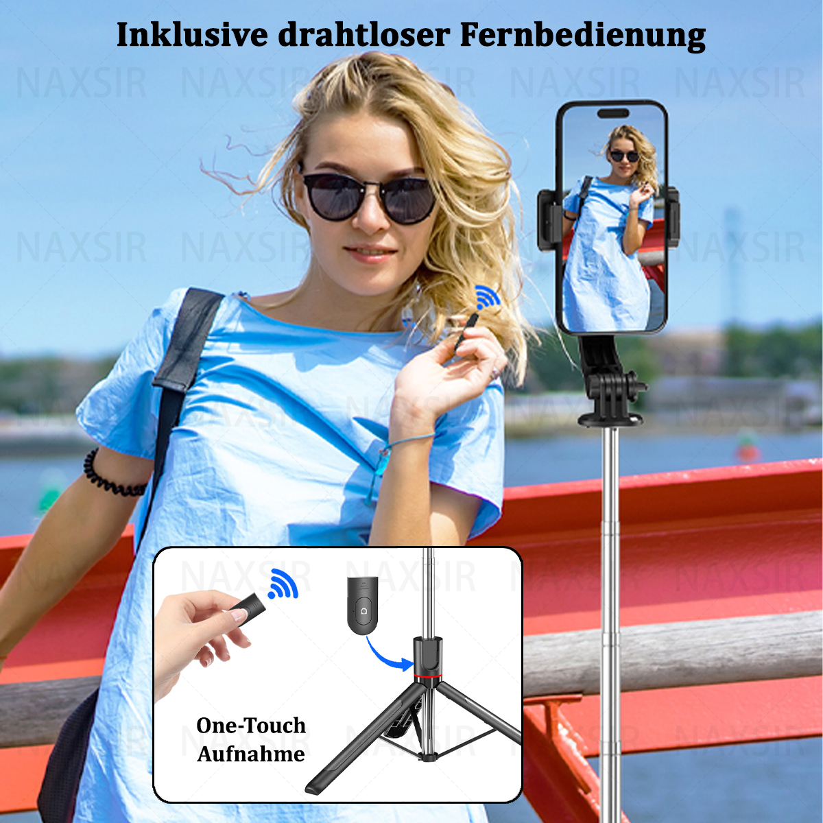 Frau mit Sonnenbrille benutzt Selfie-Stick. Ein Telefon zeigt ihr Foto. Inklusive Fernbedienung.