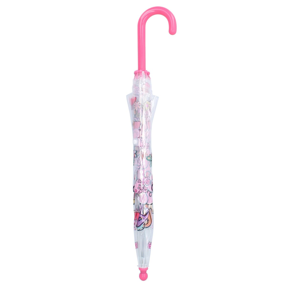 Rosa Peppa Wutz Regenschirm. Transparent mit Peppa Wutz Bildern. Rosa Griff und Akzente.