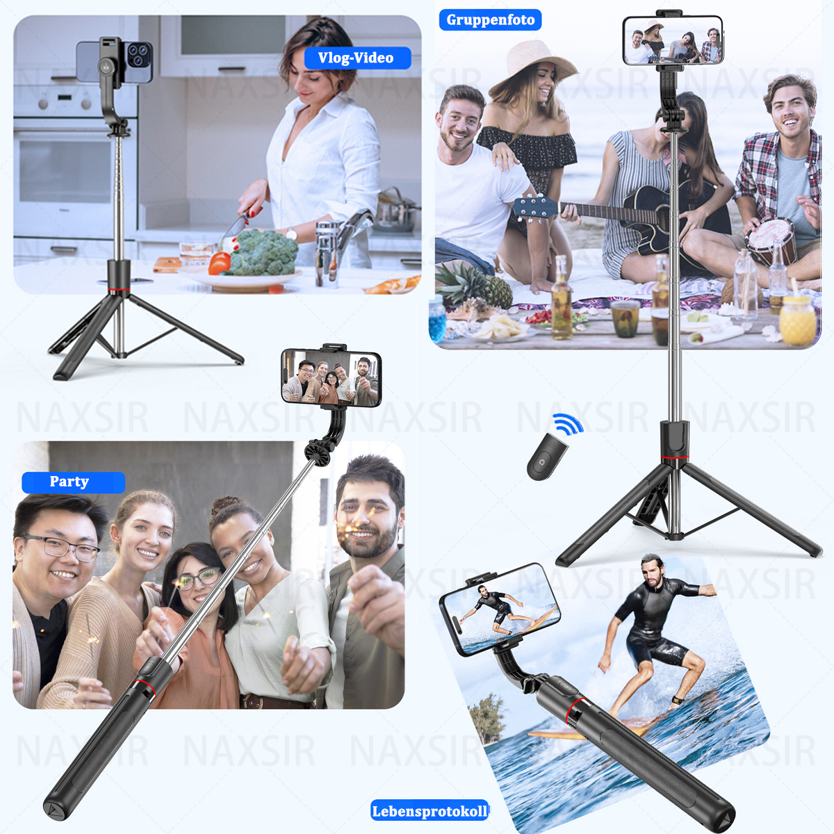 Bilder zeigen Selfie-Sticks in verschiedenen Anwendungen: Koch-Vlog, Gruppenfoto, Party und Surfen. Mit Fernbedienung.