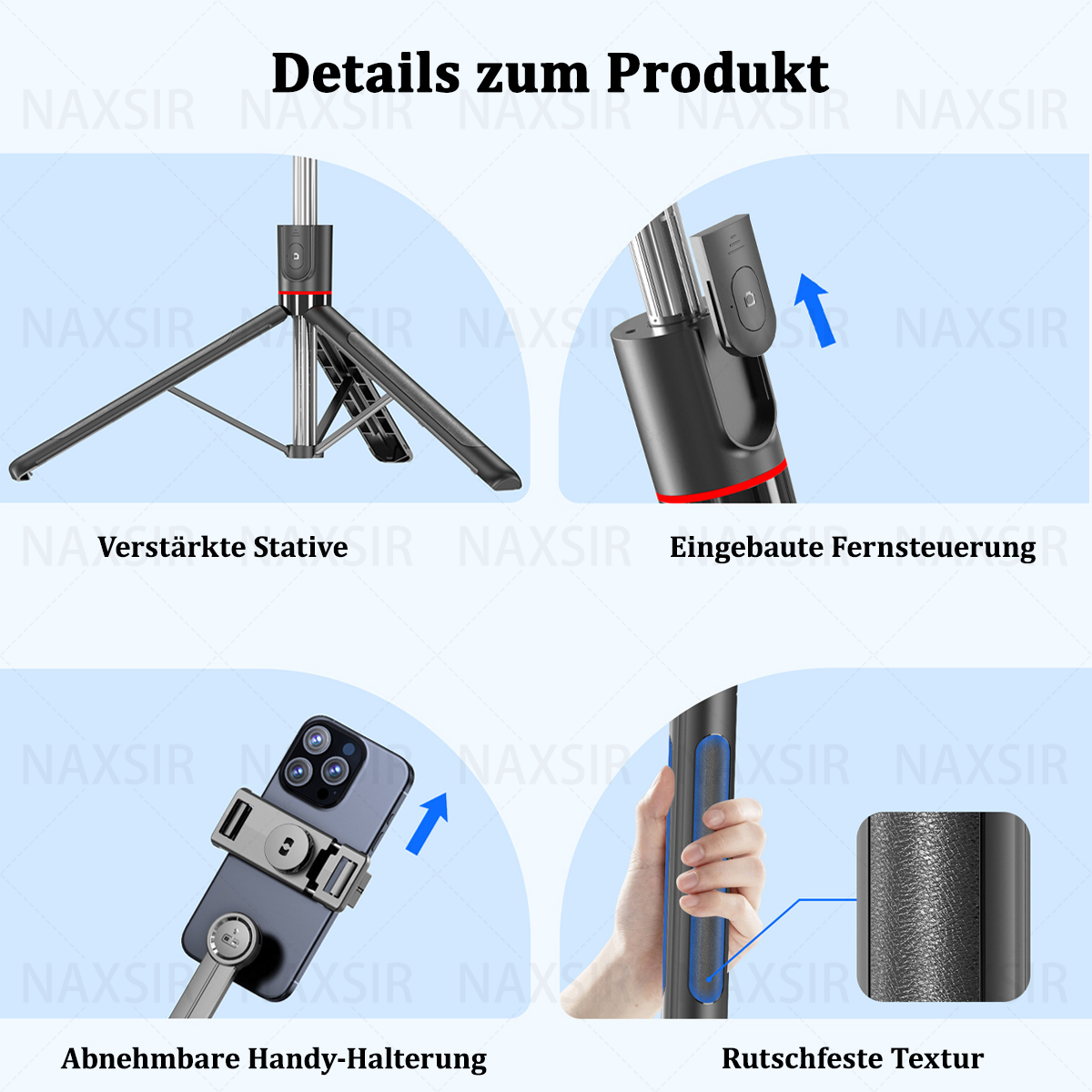 Selfie-Stick-Details. Enthält verstärktes Stativ, integrierte Fernbedienung, Griff und Telefonhalter.