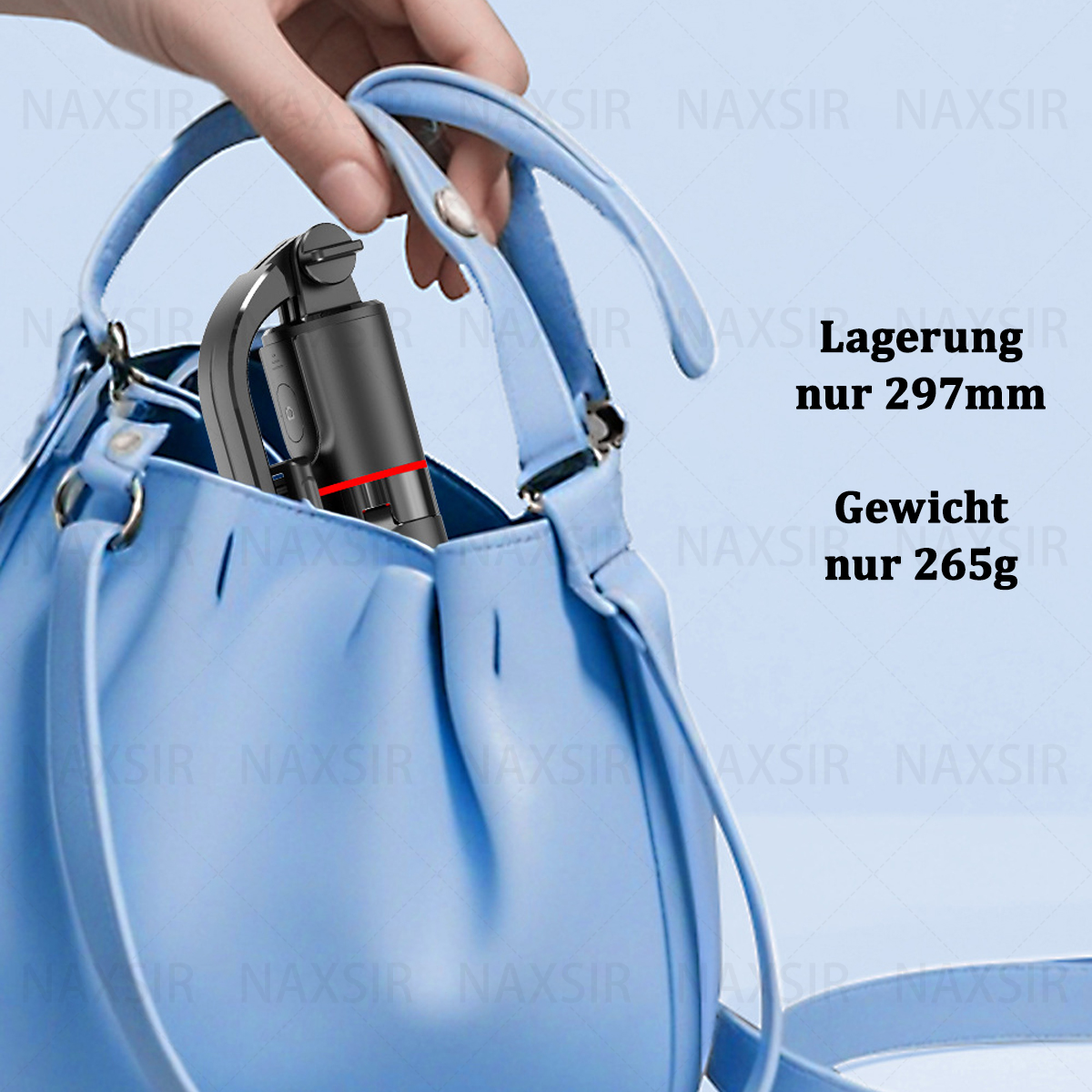 Ein Selfie-Stick befindet sich in einer blauen Handtasche. Der Text sagt 