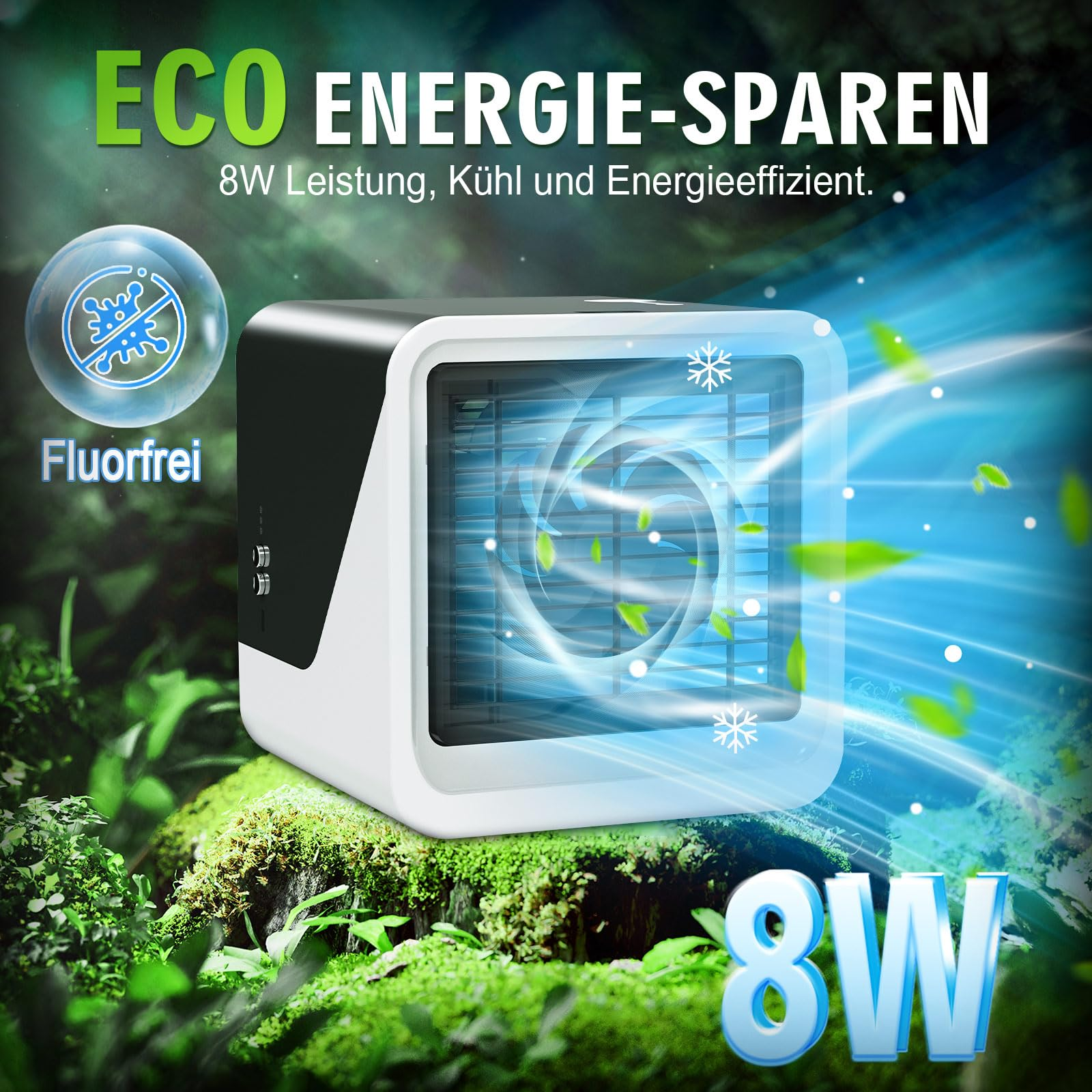 Kleiner weiß-schwarzer Luftkühler mit Text zur Förderung der Energieeffizienz und Fluoridfreiheit.