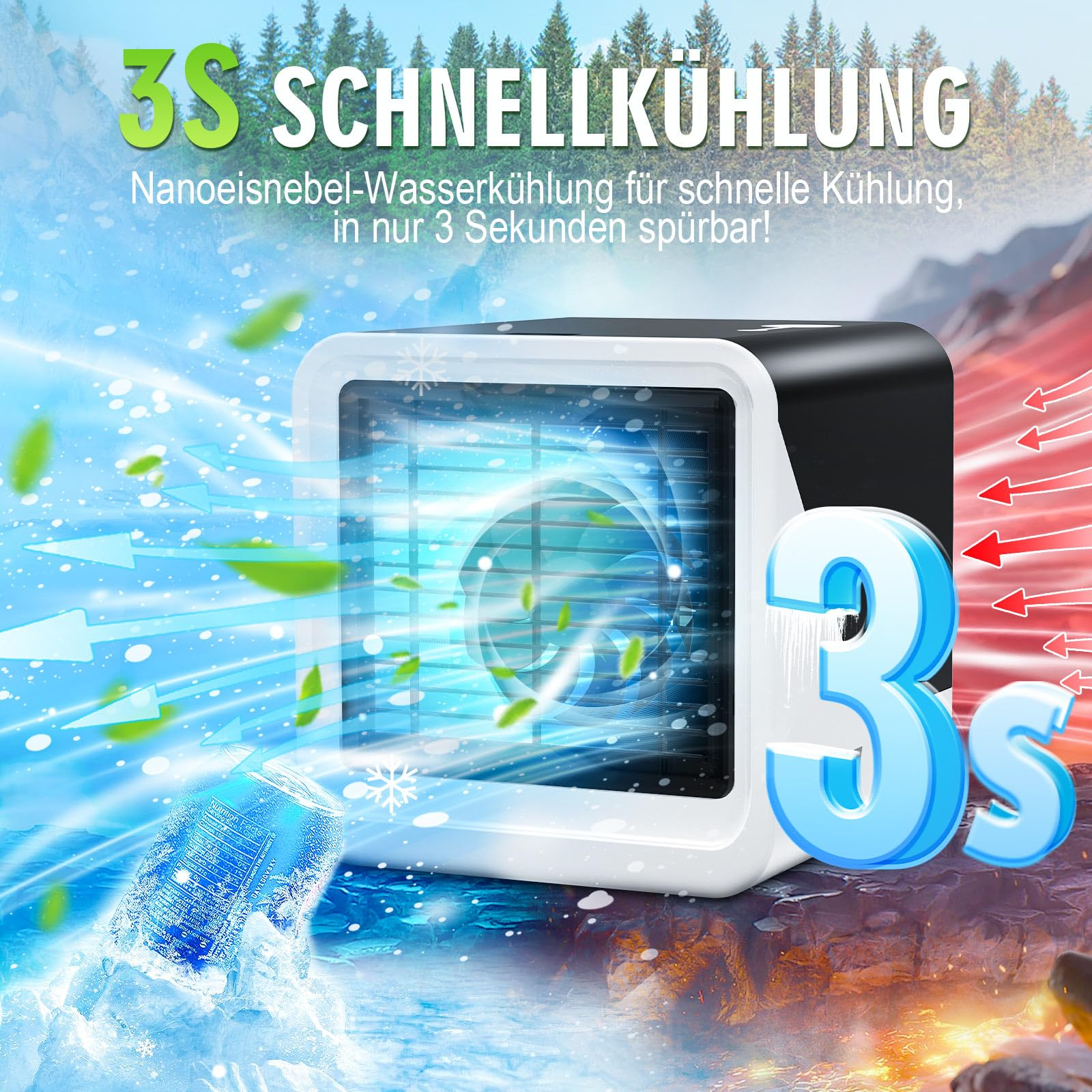 Kleiner weiß-schwarzer Luftkühler mit Text zur Förderung der schnellen Kühlung und einer Eisillustration.