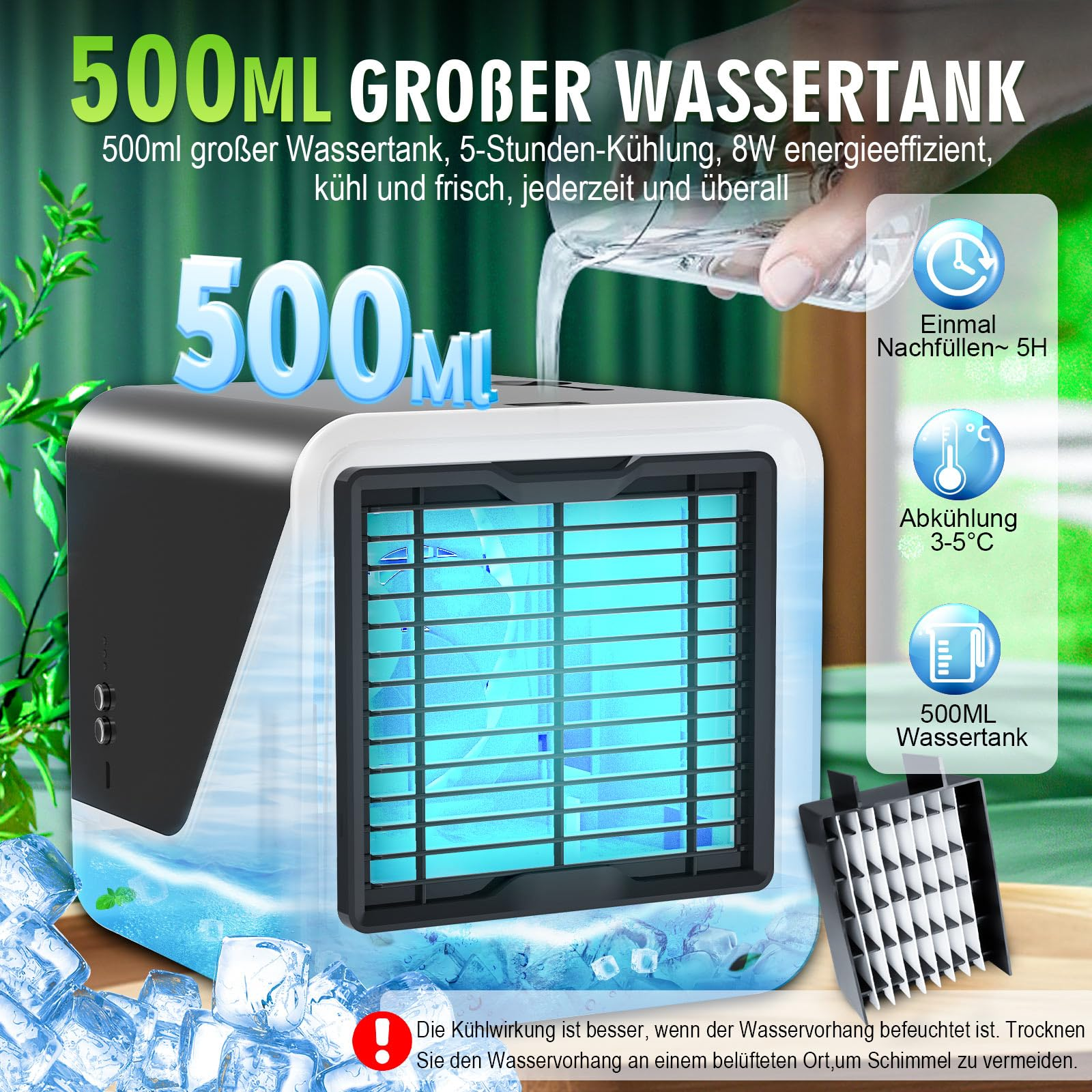 Luftkühler mit Wassertank, Eiswürfeln und Text auf Deutsch. 500ml Tank.
