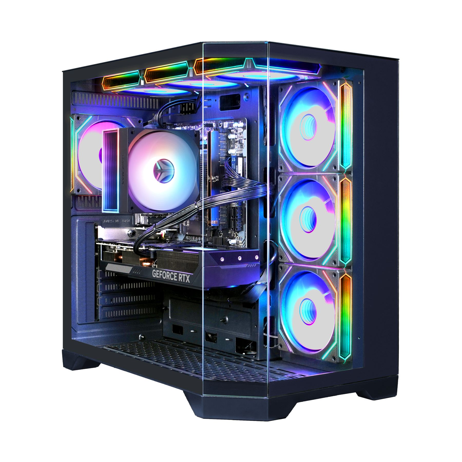 Computergehäuse mit transparenter Seite, die interne Komponenten zeigt, beleuchtet von RGB-Lüftern.