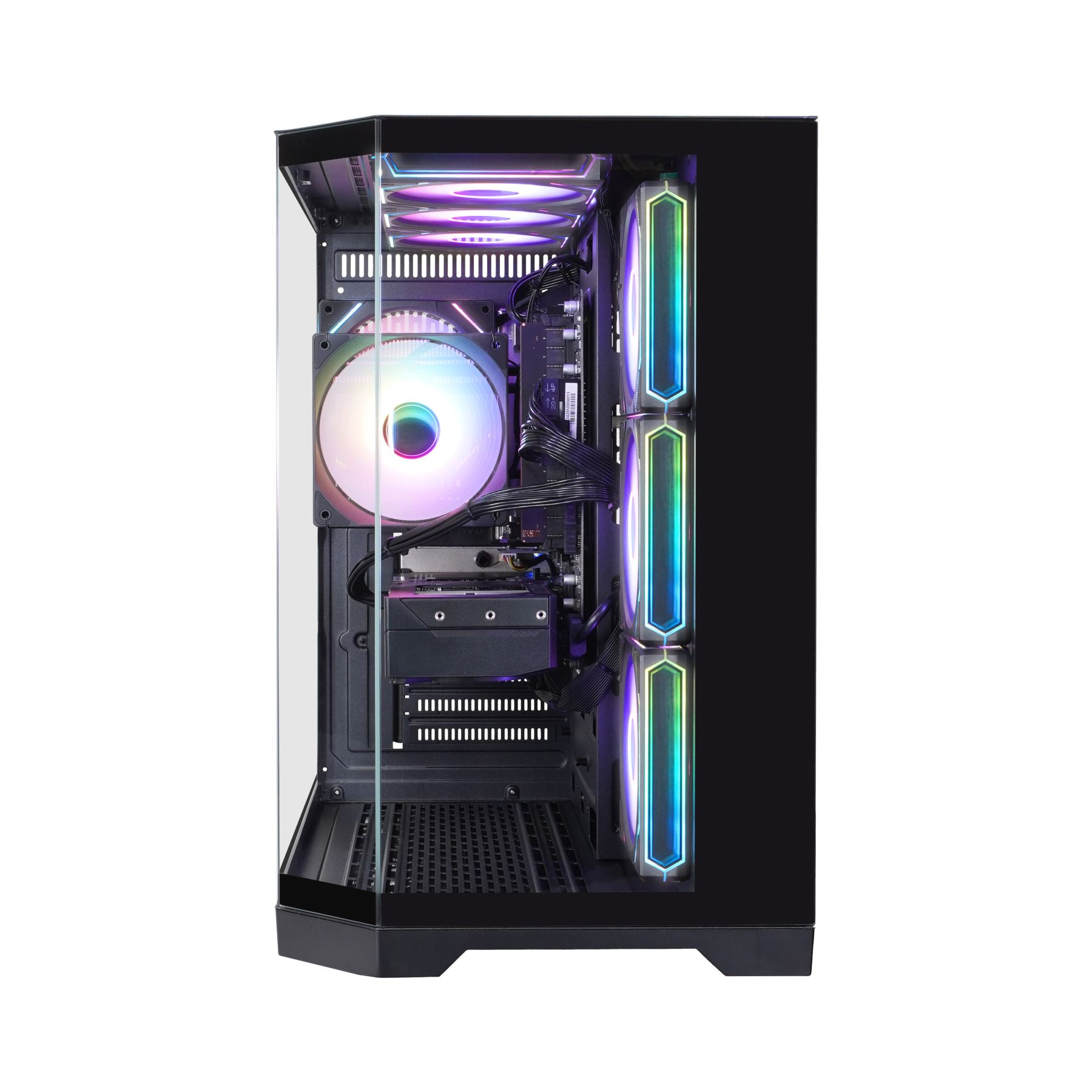 Computergehäuse mit transparenter Seite, die interne Komponenten zeigt, beleuchtet von RGB.