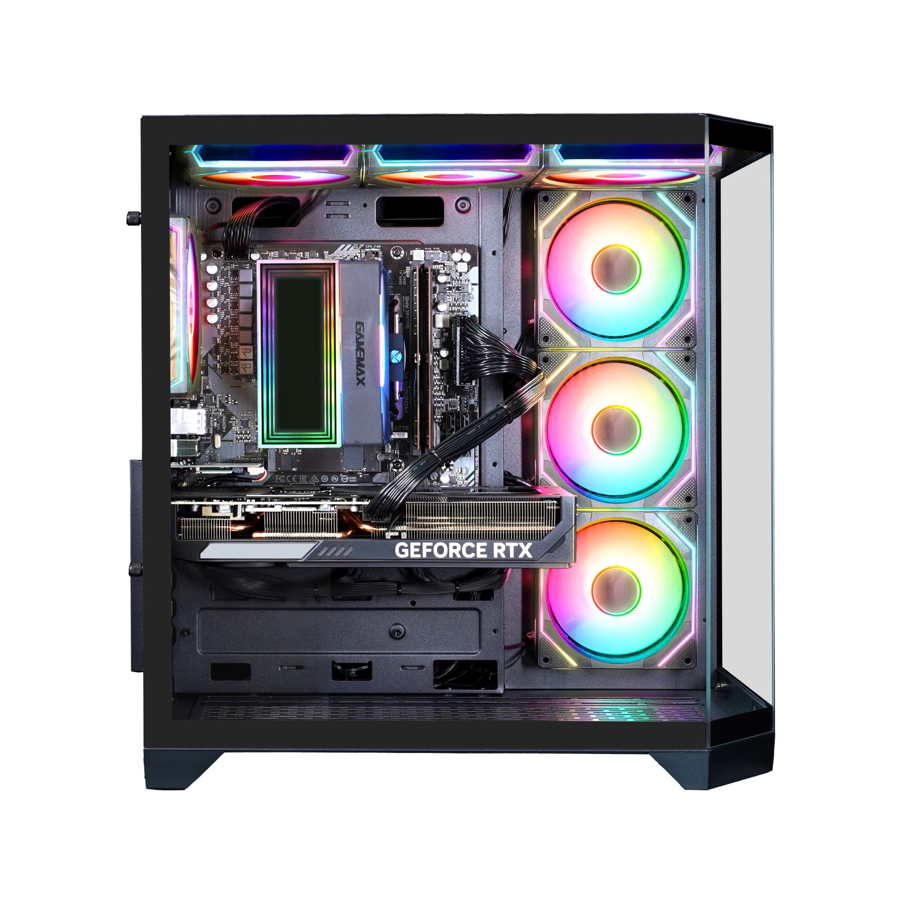 Ein Gaming-PC mit RGB-Lüftern und Komponenten, der das Innere mit einer transparenten Glas-Seitenwand zeigt.