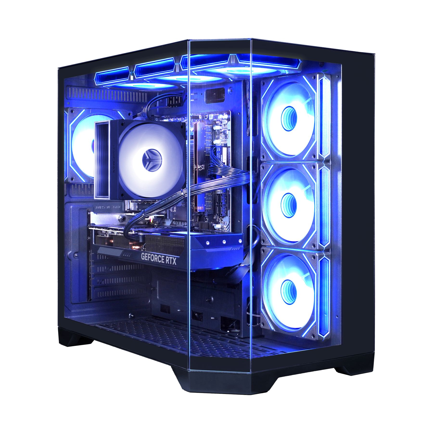 Schwarzes Computergehäuse mit Glaspanel, beleuchtet mit blauen Lichtern. Interne Komponenten sichtbar.