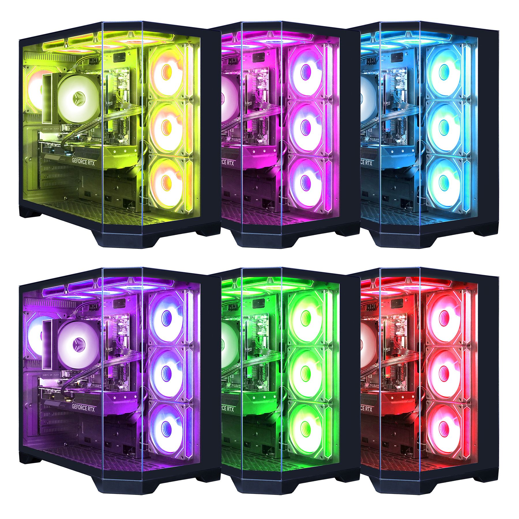 Mehrere Computergehäuse, jedes mit Glaspanel, beleuchtet in verschiedenen Farben: Gelb, Rosa, Blau, Lila, Grün, Rot.