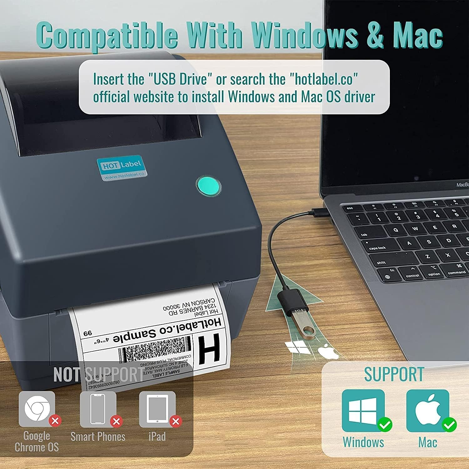 Drucker, der über USB mit einem Laptop verbunden ist. Zeigt den Drucker beim Drucken eines Etiketts.