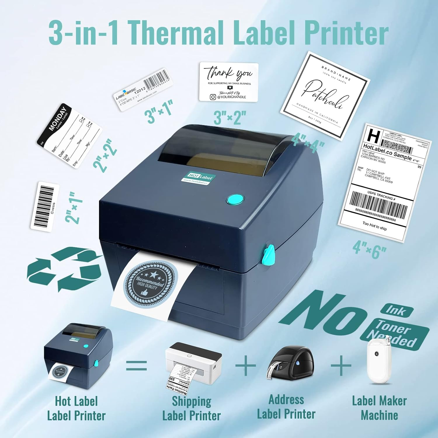 3-in-1 Thermodrucker mit verschiedenen Etikettenarten und Etikettenhersteller.
