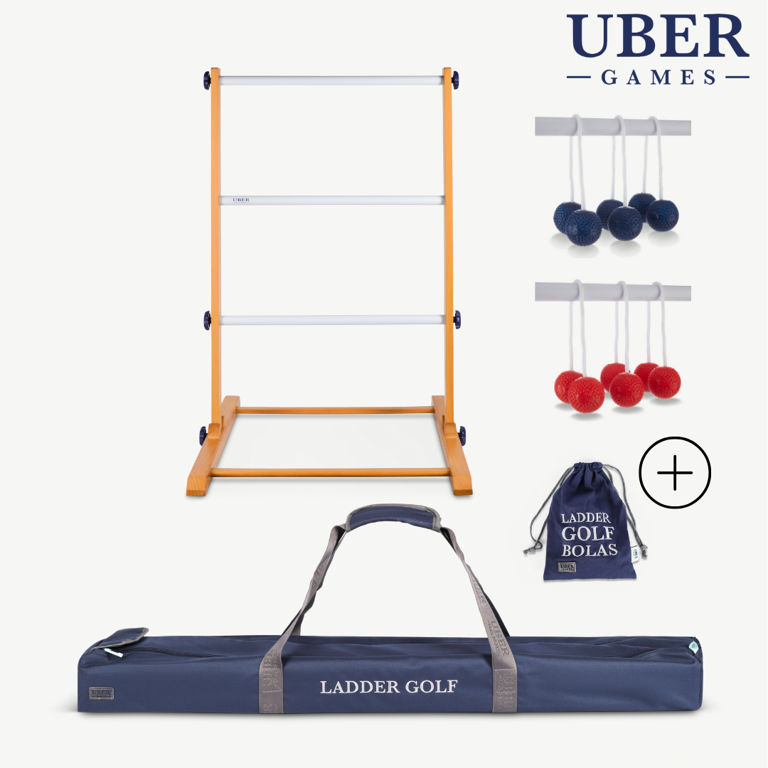 Leitergolf-Set mit Leiter und rot/blauen Golf-Bolas und einer Tragetasche.