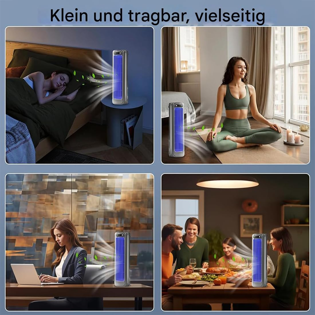 Ventilator in mehreren Szenen: Schlafzimmer, Yoga, Arbeiten und Essen. Text besagt 'klein und tragbar'.